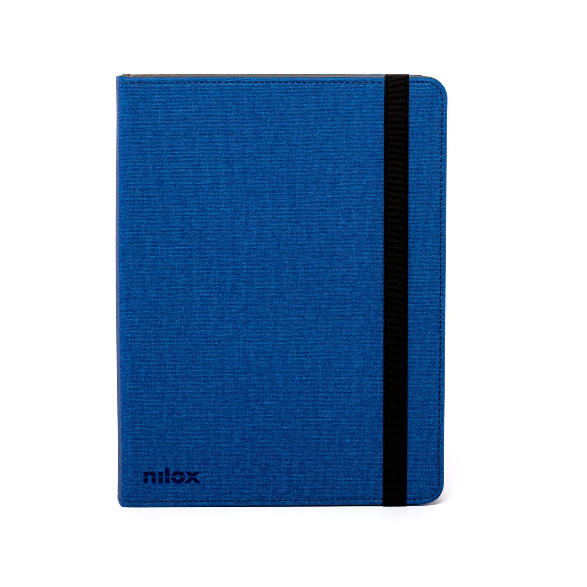 Custodia per tablet blu con fascia elastica nera, chiusa. Logo 'nillox' visibile. Sfondo bianco.