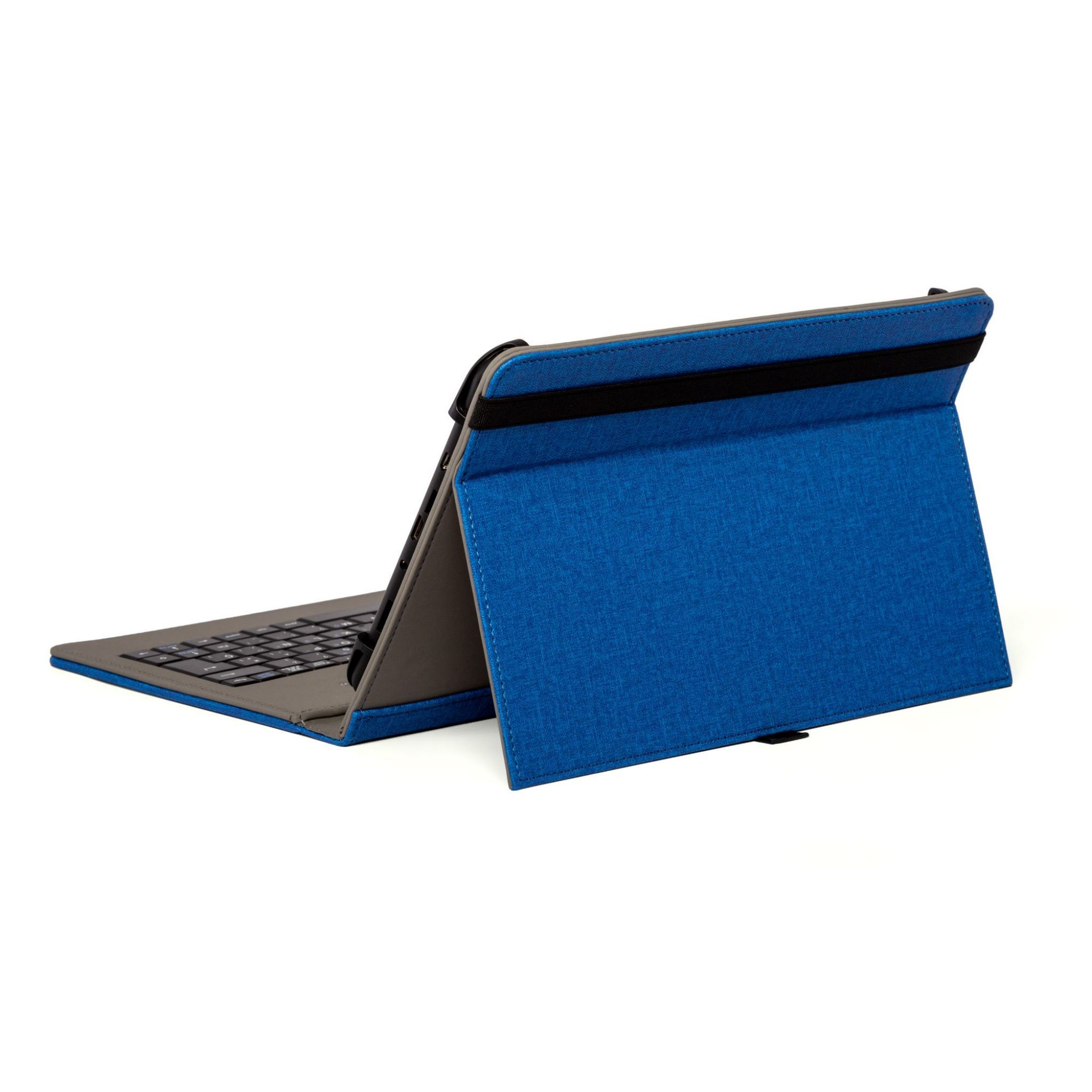 Custodia per tablet blu, aperta per rivelare una tastiera e un tablet.