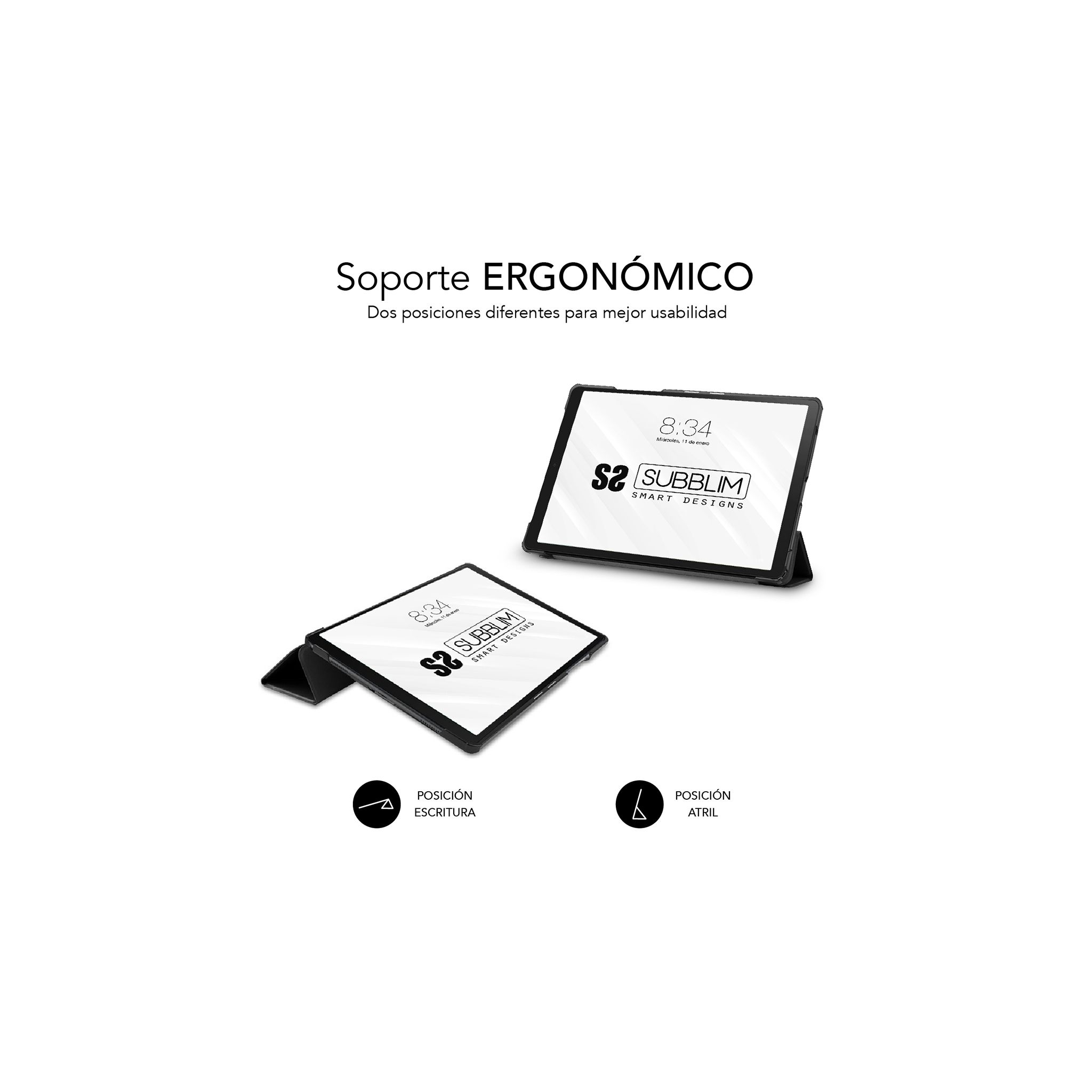 Tableta en dos posiciones. Negro, sobre un fondo blanco. Texto de apoyo.