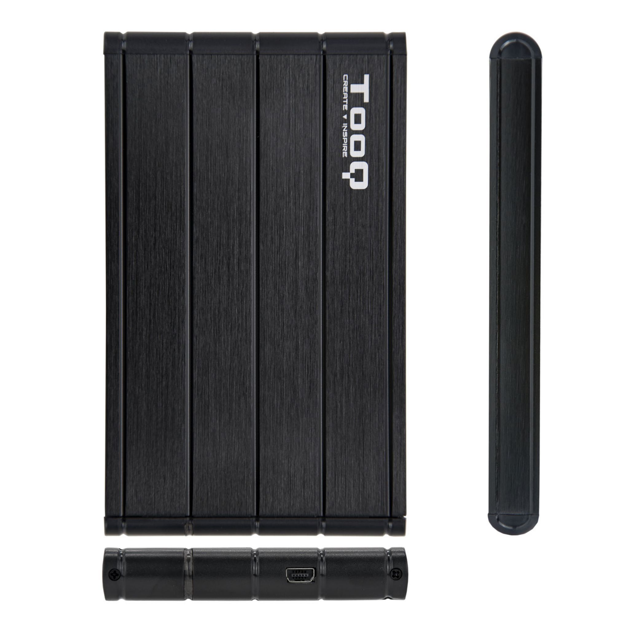 Un disco duro negro y rectangular con líneas verticales. La palabra 'TOOQ' está impresa en el lateral.