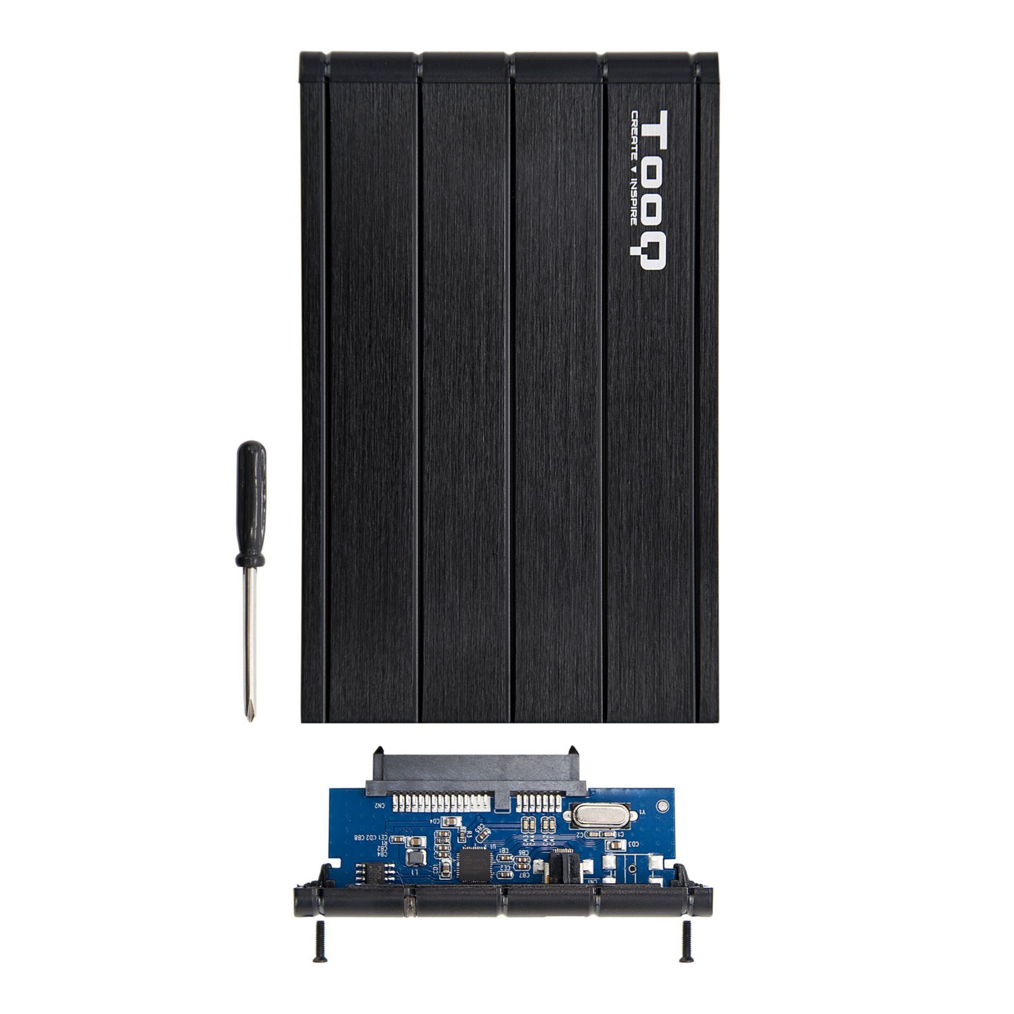 Disco duro externo negro con destornillador y componentes internos.