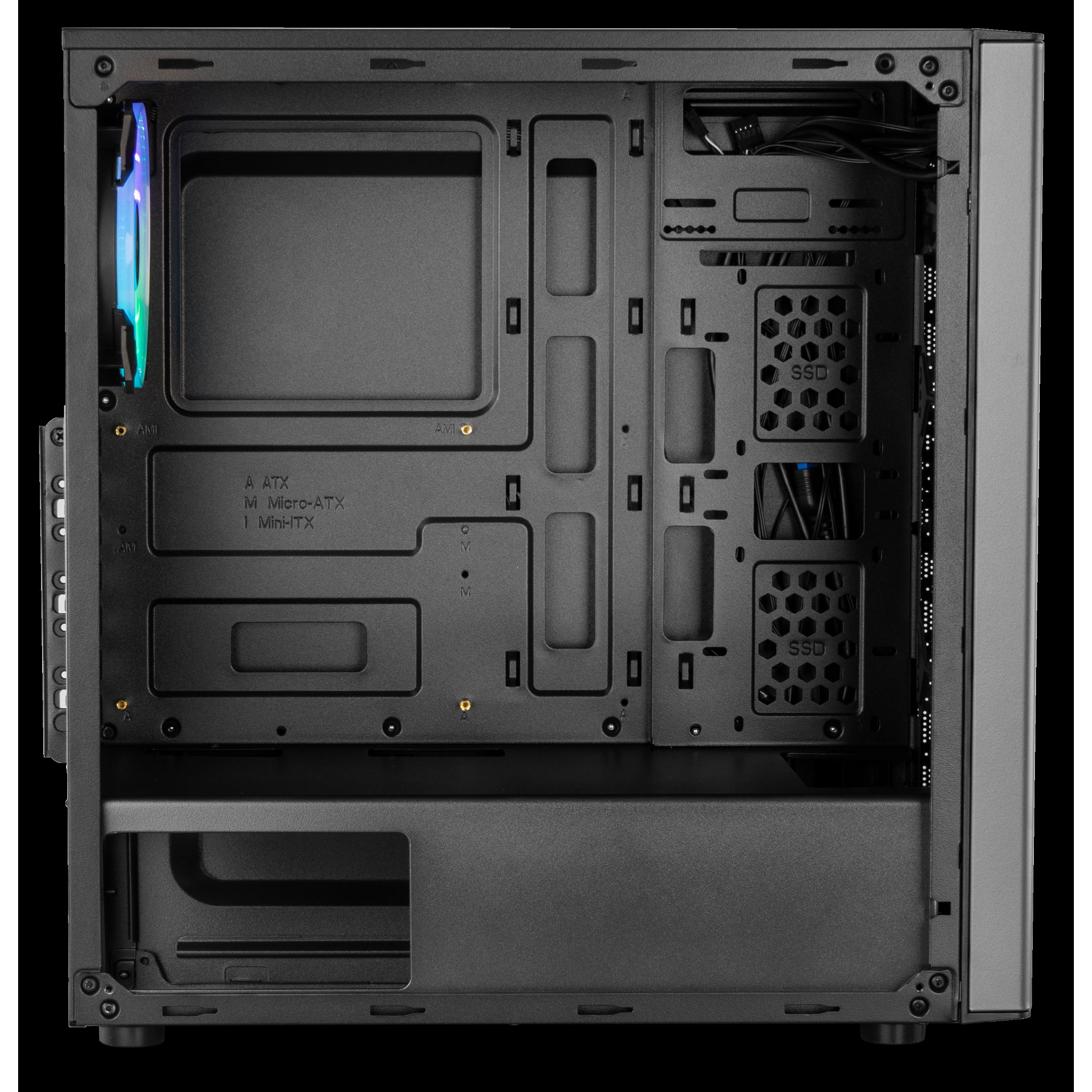 Interior de caja de computadora abierta. Muestra separadores de placa base, ranuras SSD.