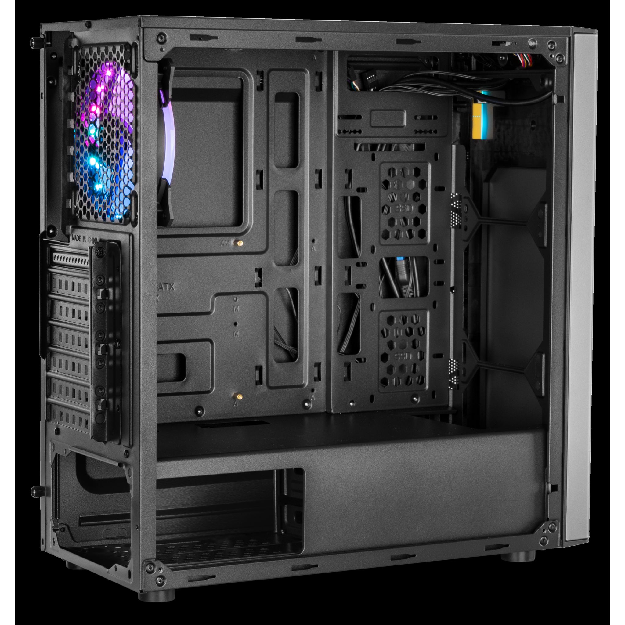 Caja de ordenador negra vacía, vista lateral con componentes internos visibles. Ventilador con luces RGB.