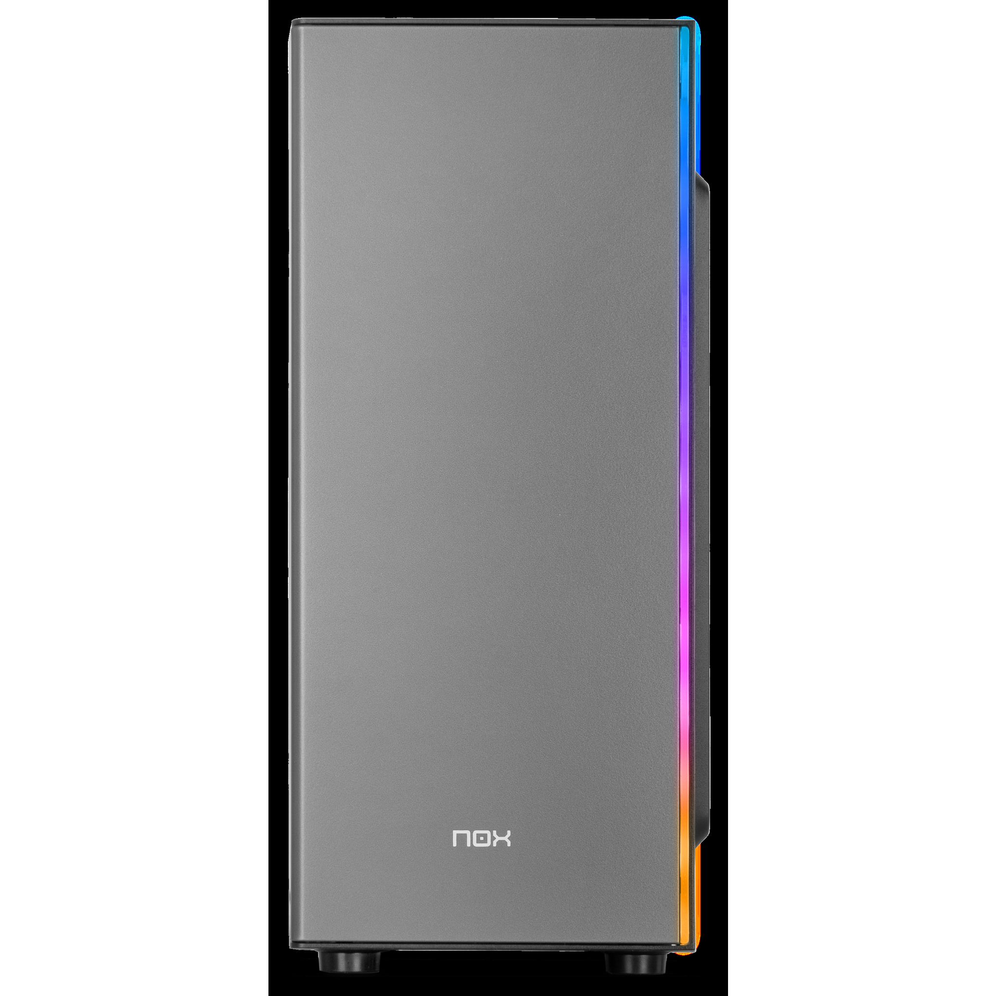 Una caja de ordenador gris con luces RGB en la parte delantera.