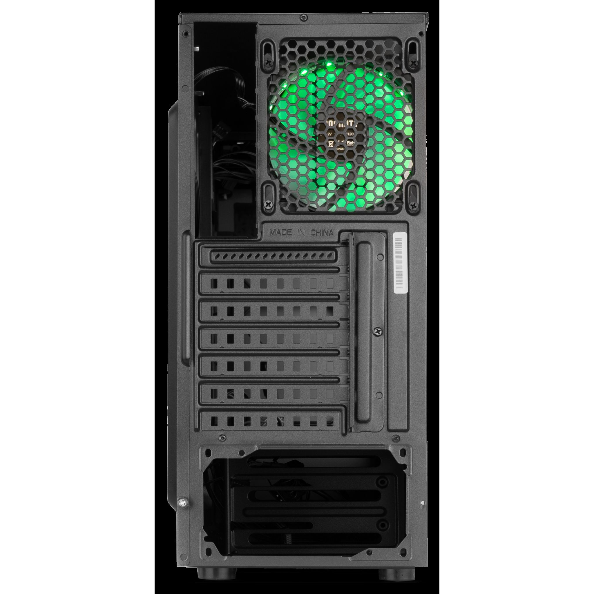 Parte trasera de la caja del ordenador. Ventilador verde, componentes internos y varias ranuras son visibles.