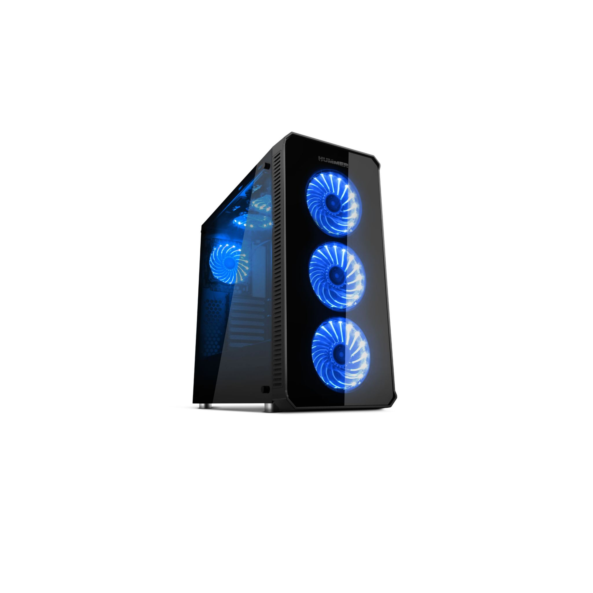 Case nero per computer con ventole e luci blu, lato in vetro, sfondo bianco.