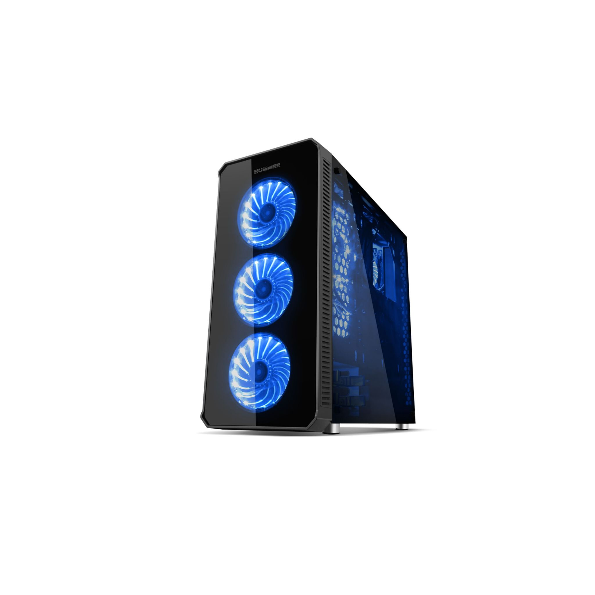 Case per computer con ventole blu visibili attraverso il vetro. Cornice nera. Sfondo bianco.