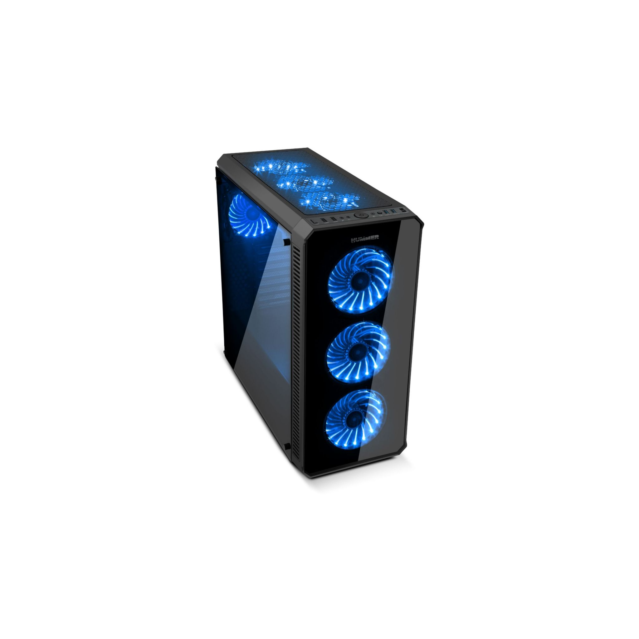 Case per computer nero con luci interne blu. Pannello laterale in vetro. Sfondo bianco.