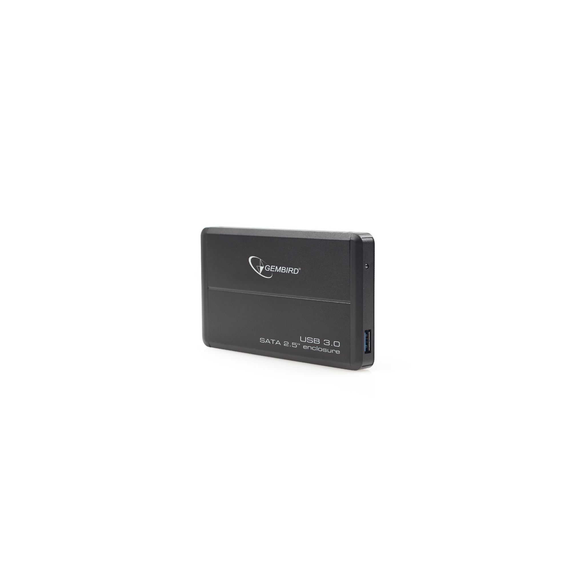 Caja de disco duro externa negra con logotipos Gembird y USB 3.0.