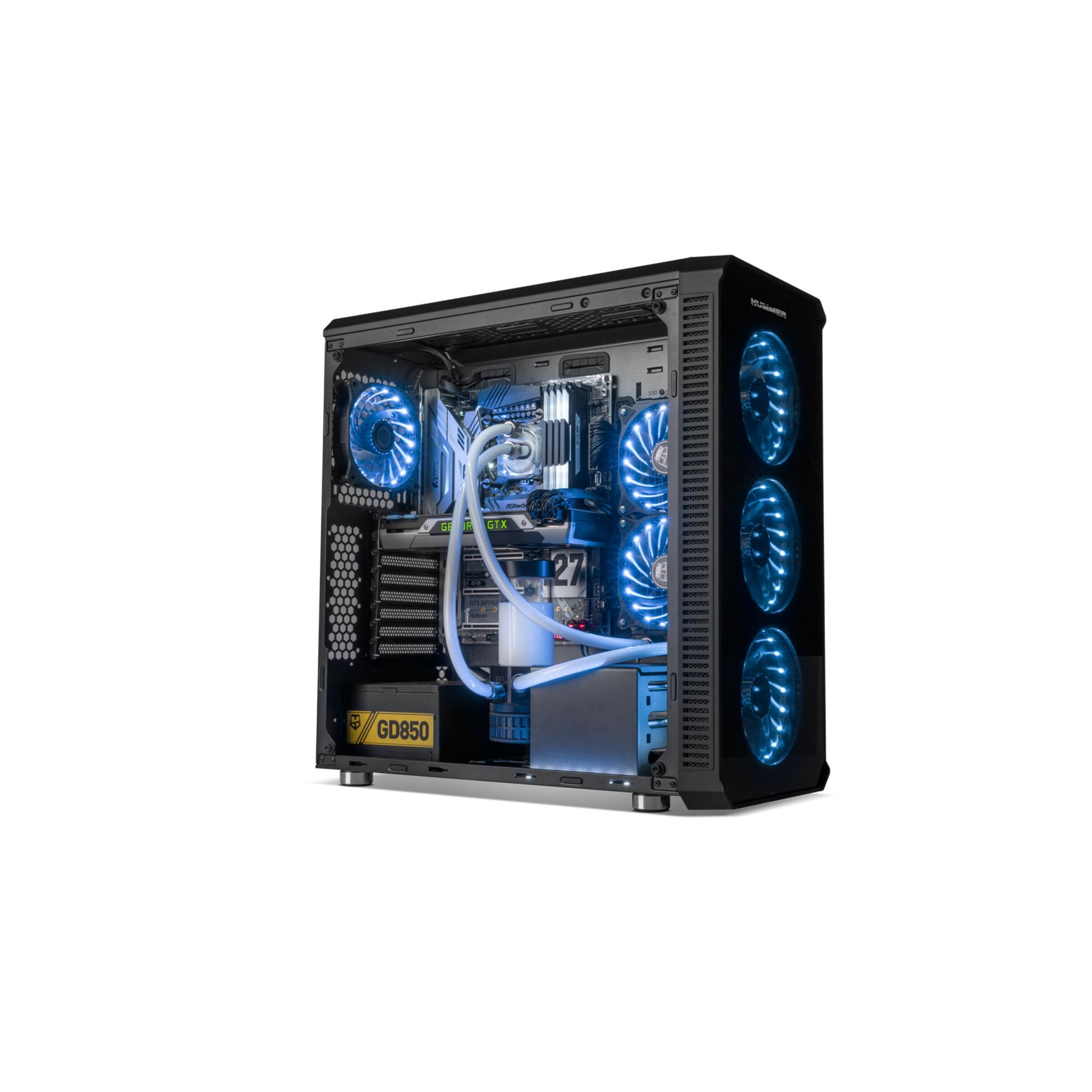 PC da gioco con ventole LED blu. L'involucro è nero, con componenti visibili.