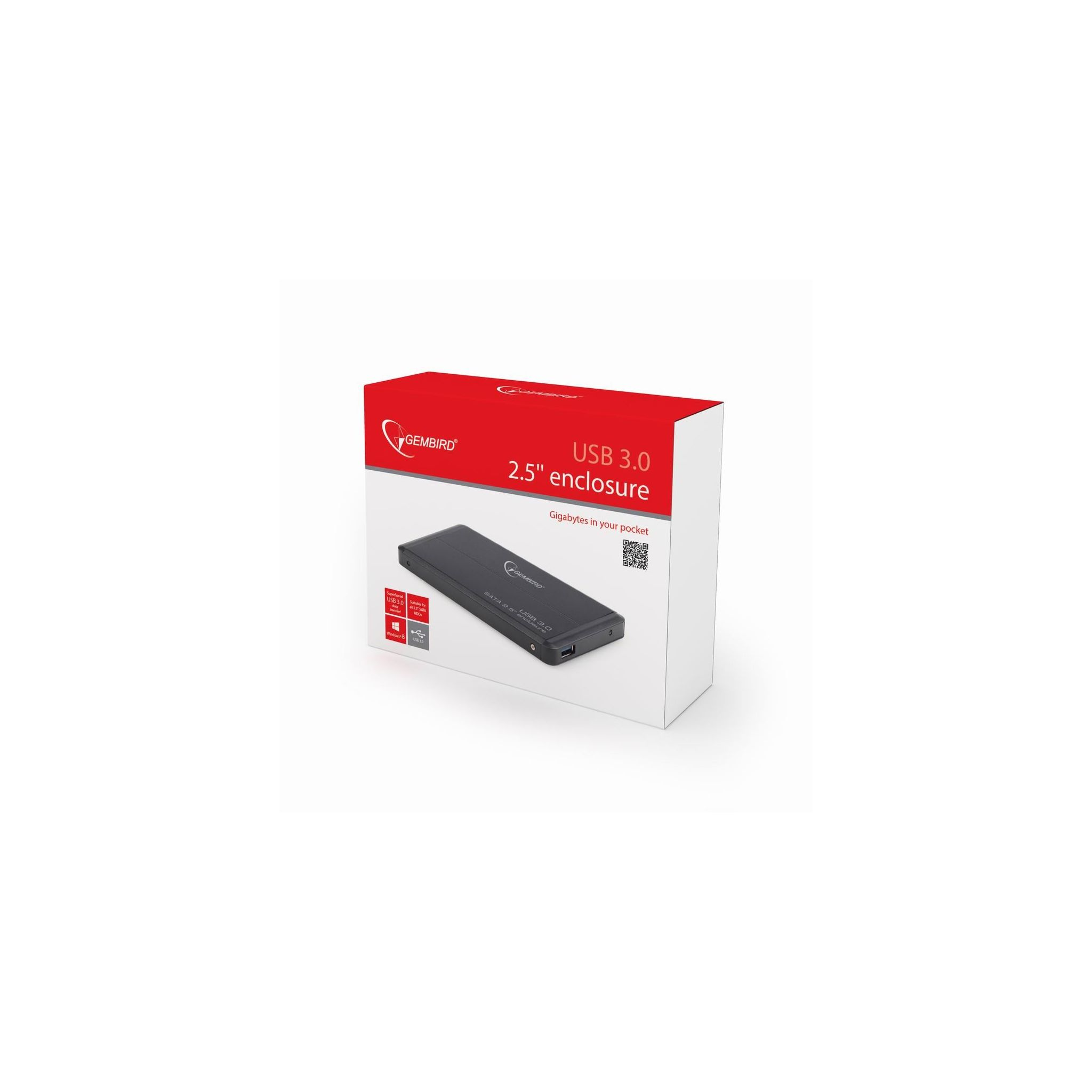 Disco duro externo en caja con etiqueta USB 3.0 y marca.