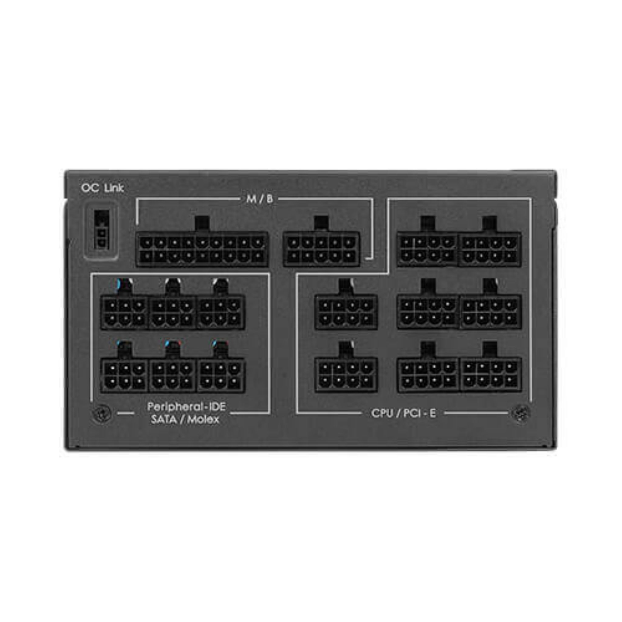 Tył zasilacza komputera. Widoczne liczne porty.