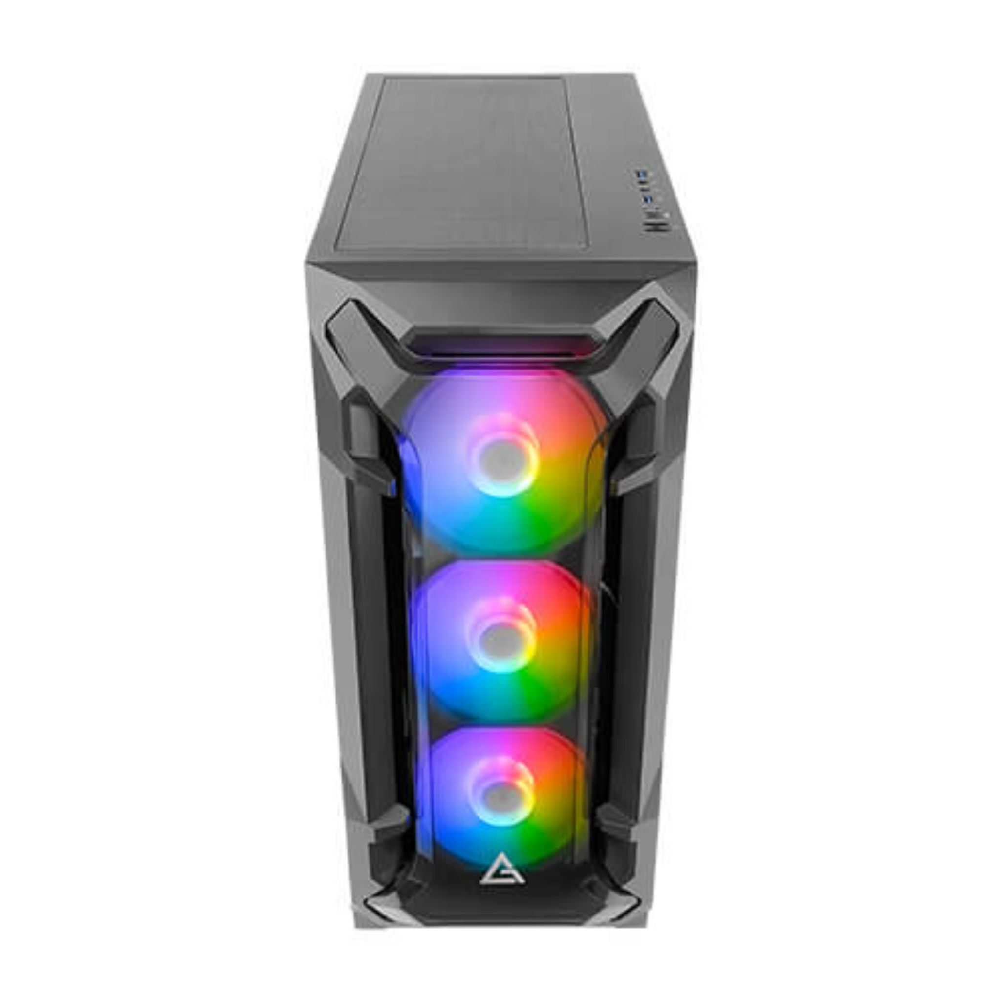 Obudowa komputera z trzema tęczowymi wentylatorami i logo na dole.