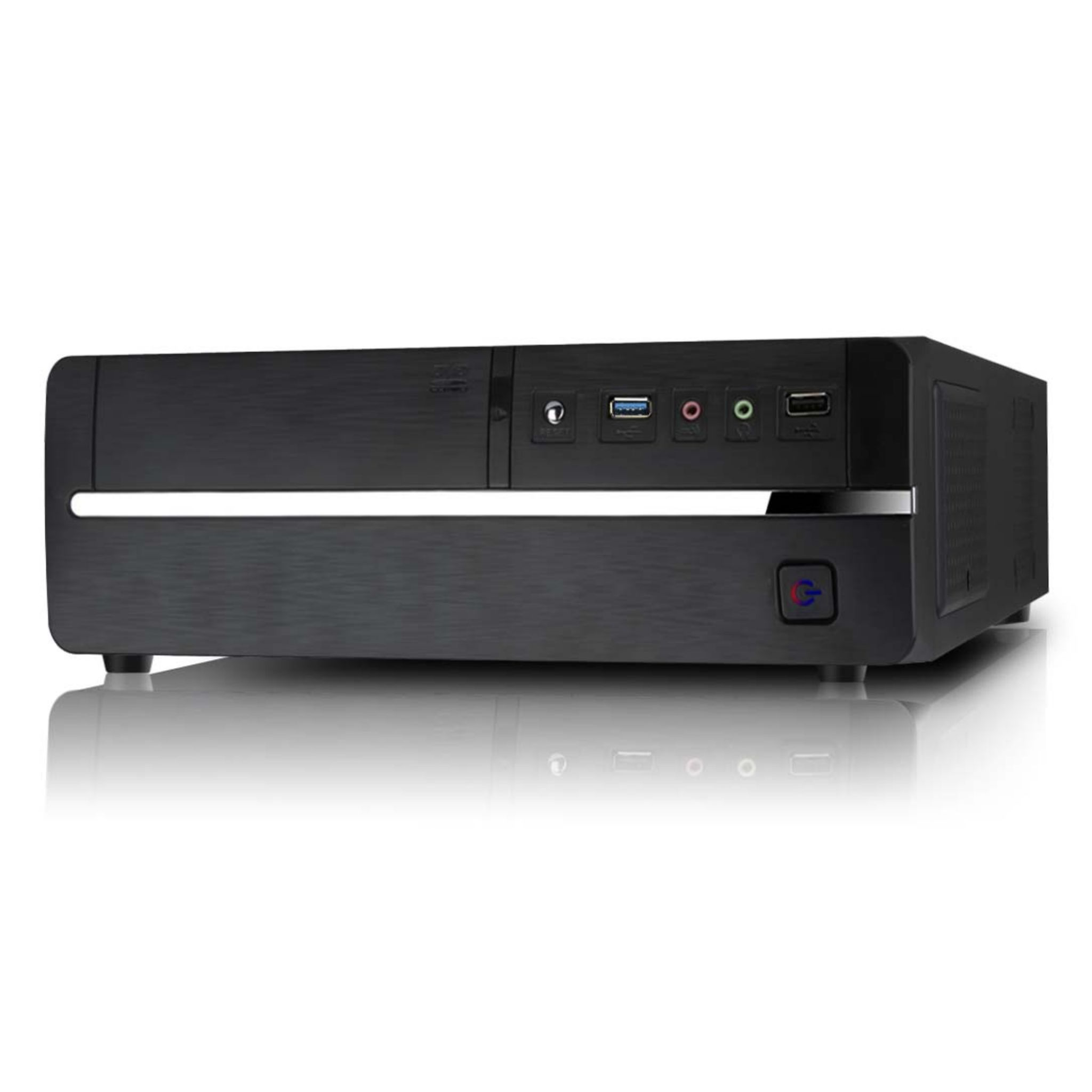 Een zwarte computerkast met poorten aan de voorkant en een aan/uit-knop, witte achtergrond.