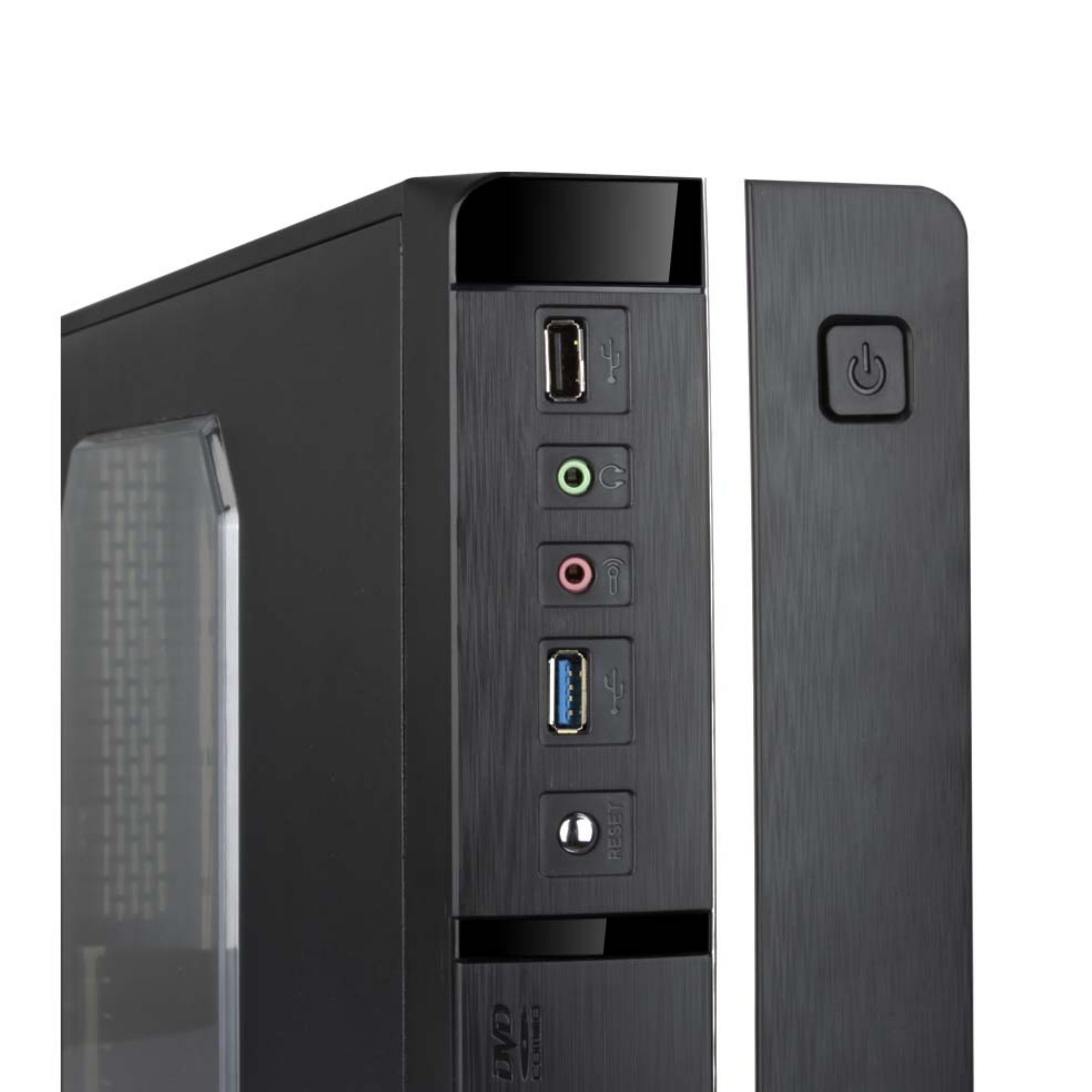 Zwarte computerkast met frontpoorten: USB, audio-aansluitingen en resetknop.