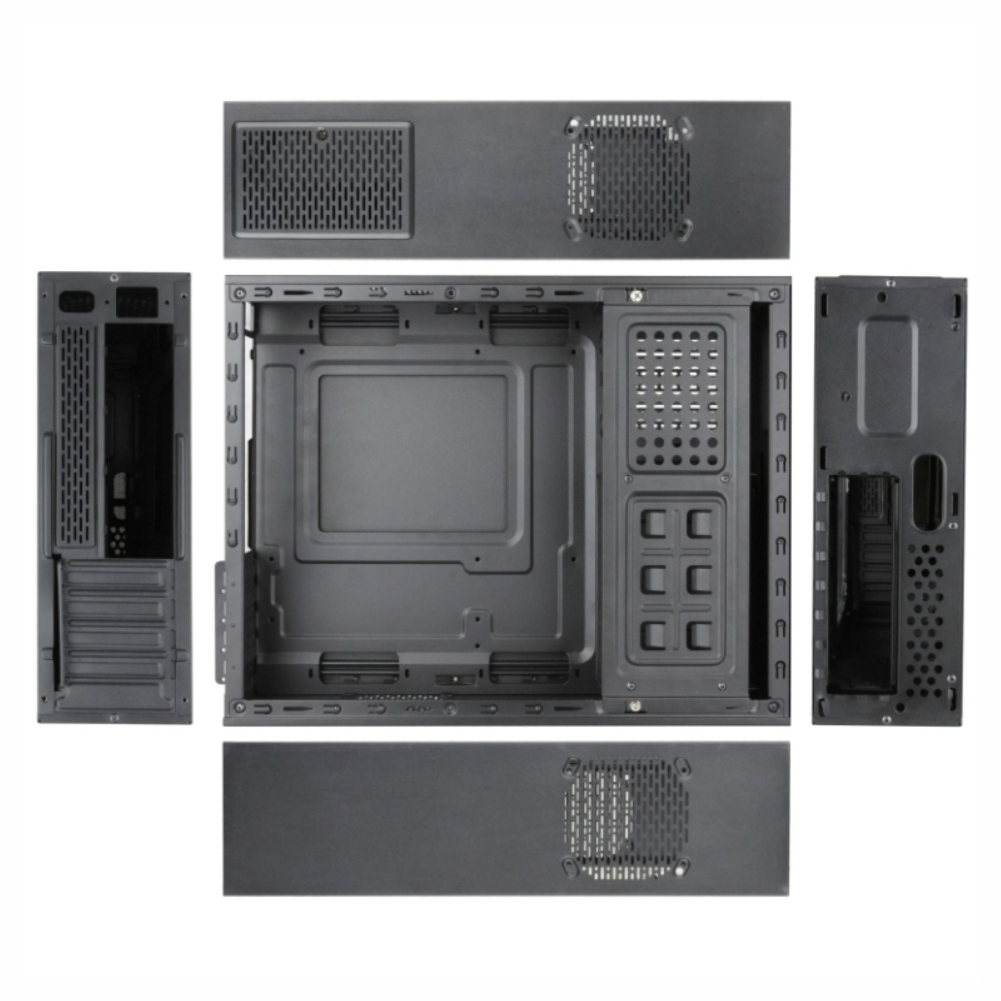 Zwarte computerkast gedemonteerd, met verschillende panelen en componenten zichtbaar.