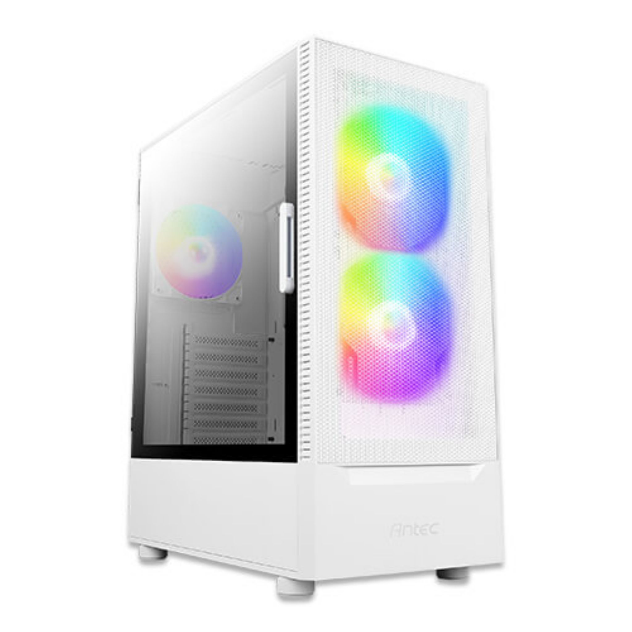 Witte computerkast met RGB-ventilatoren. De voorkant heeft een mesh paneel. Het Antec logo is zichtbaar.