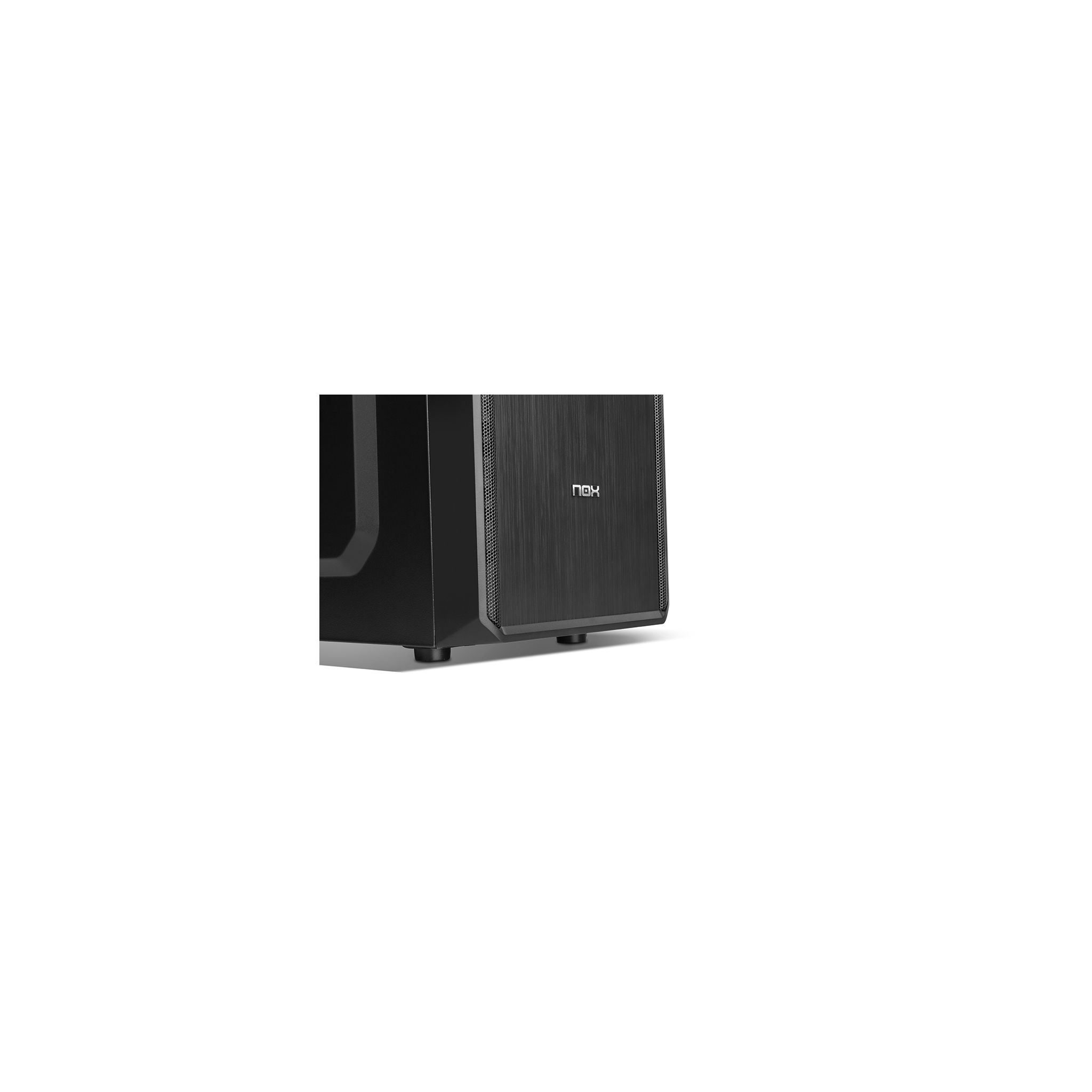 Un case nero per computer con un pannello frontale a rete e il marchio "nex".