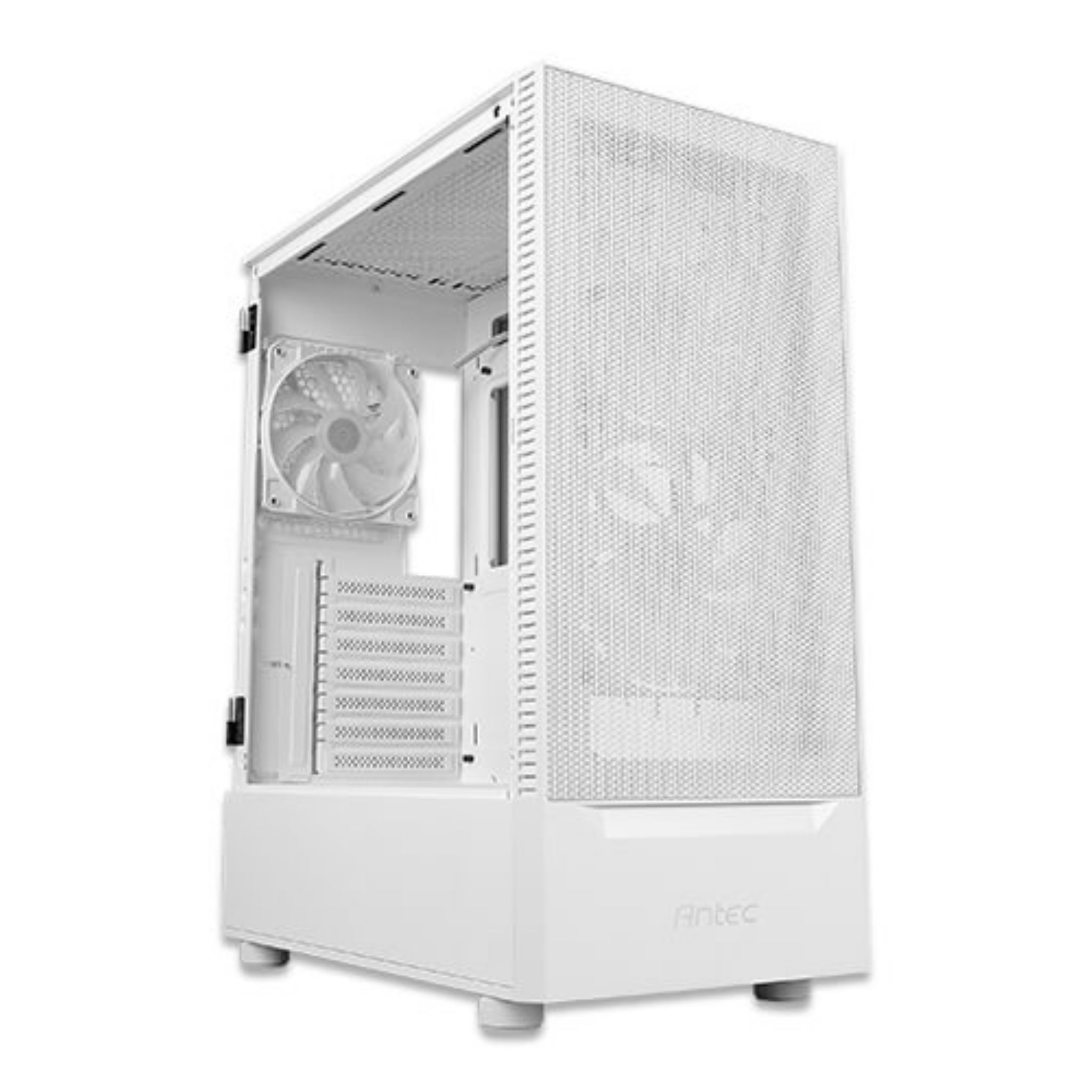 Witte computerkast. Het heeft een mesh voorkant, een ventilator en een zijpaneel met openingen.