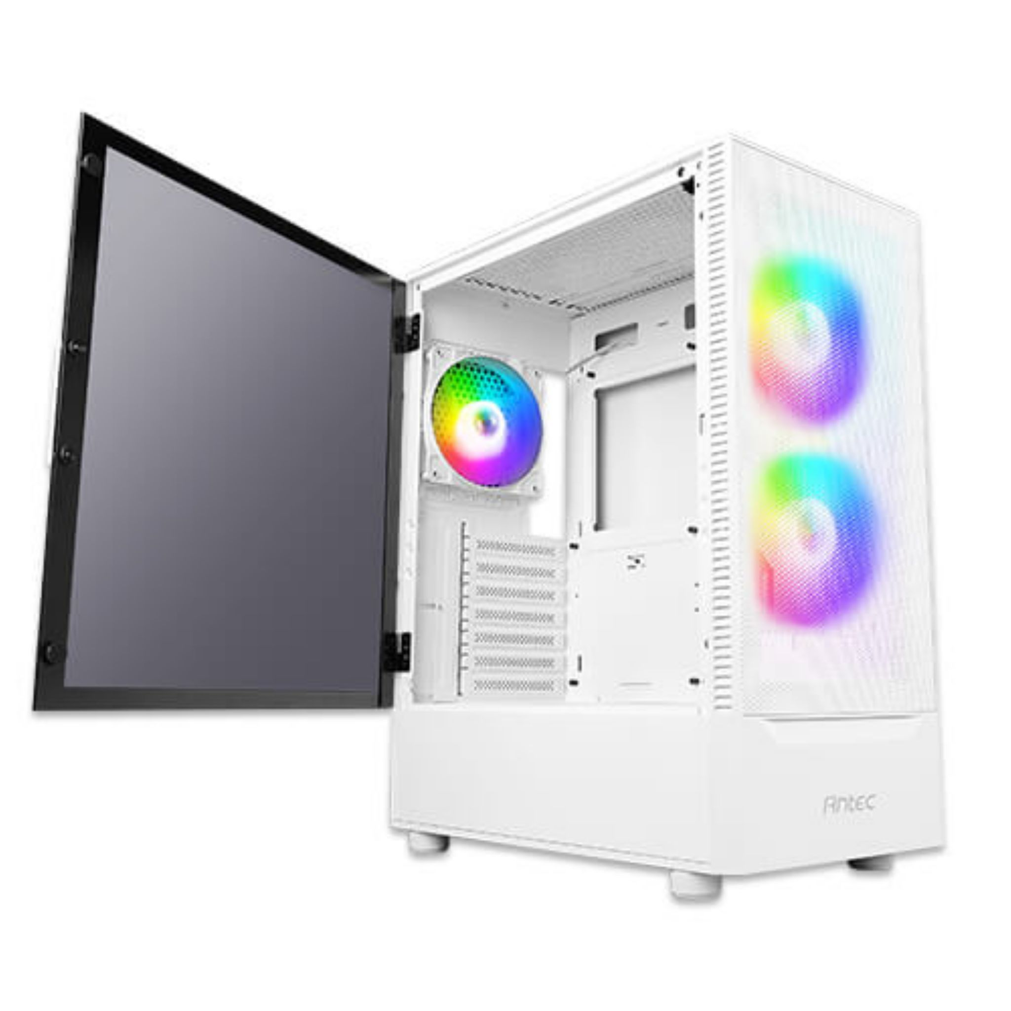 Witte pc-kast, open met glazen zijpaneel. Zichtbare ventilatoren met regenbooglichten.