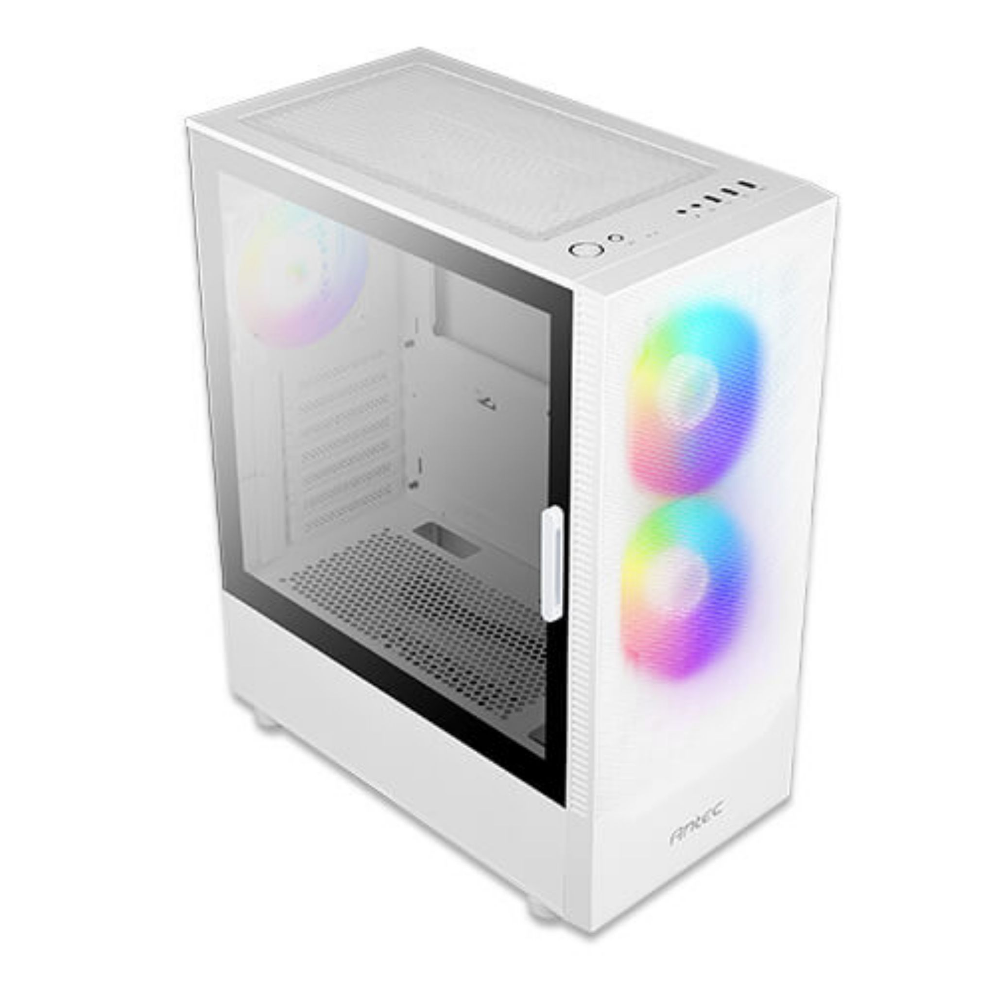 Witte computerkast met een glazen zijpaneel en kleurrijke lichten.
