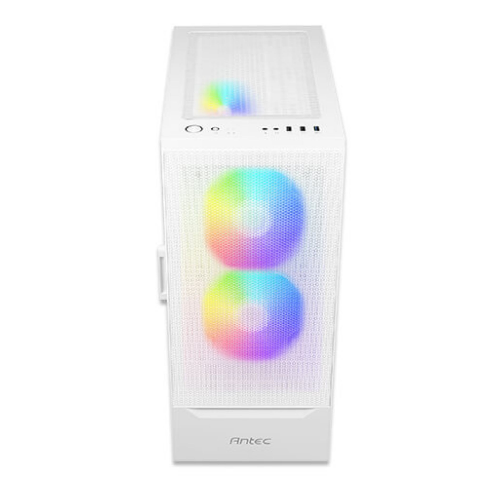 Witte computerkast. Bovenaanzicht. Twee ventilatoren met RGB-verlichting. Witte achtergrond.