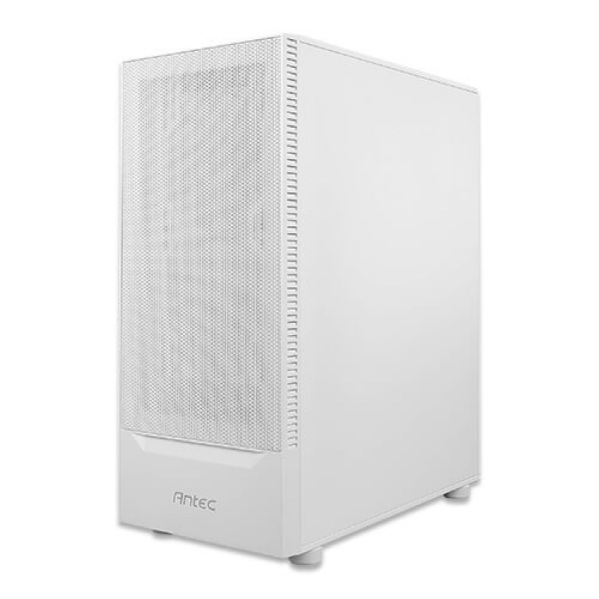 Witte computerkast met een mesh voorpaneel, op een witte achtergrond.