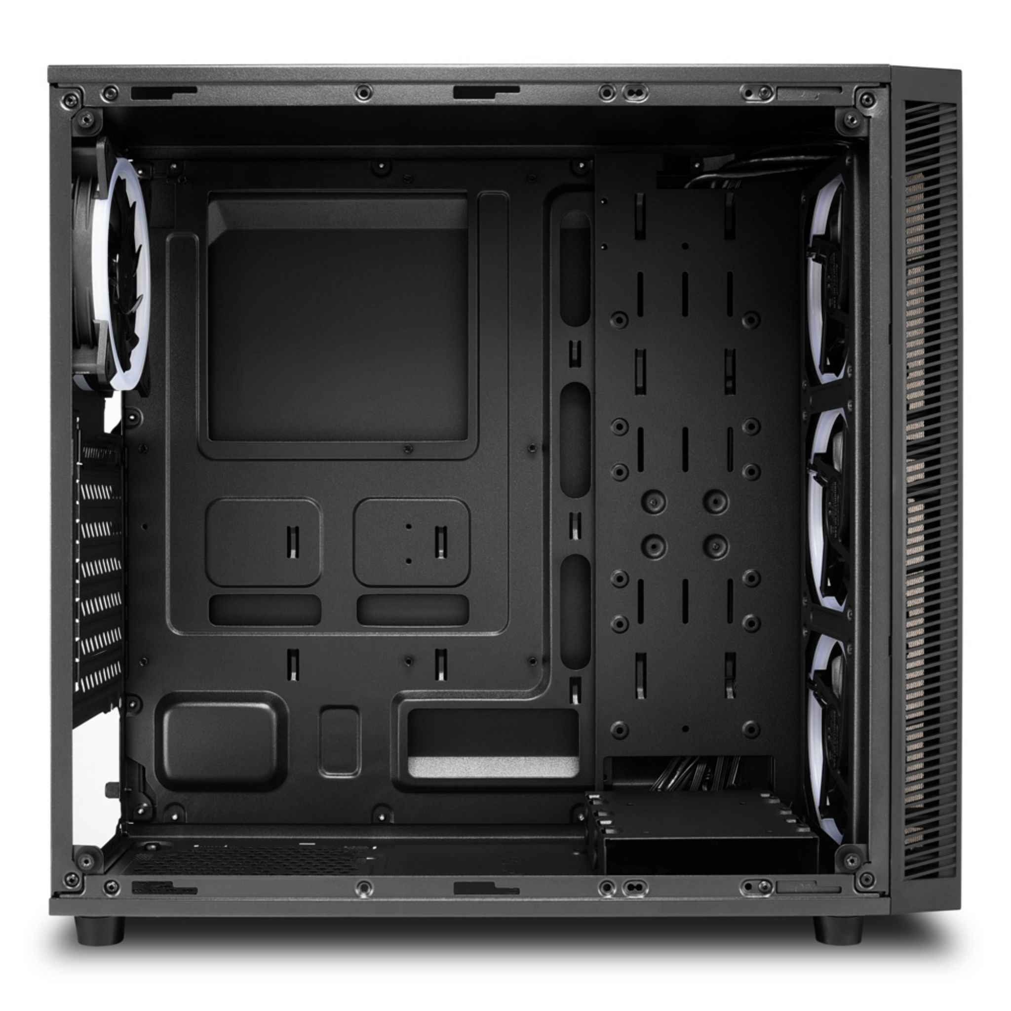 Empty black computer case interior, front view. Fans visible. Various slots for components are evident.