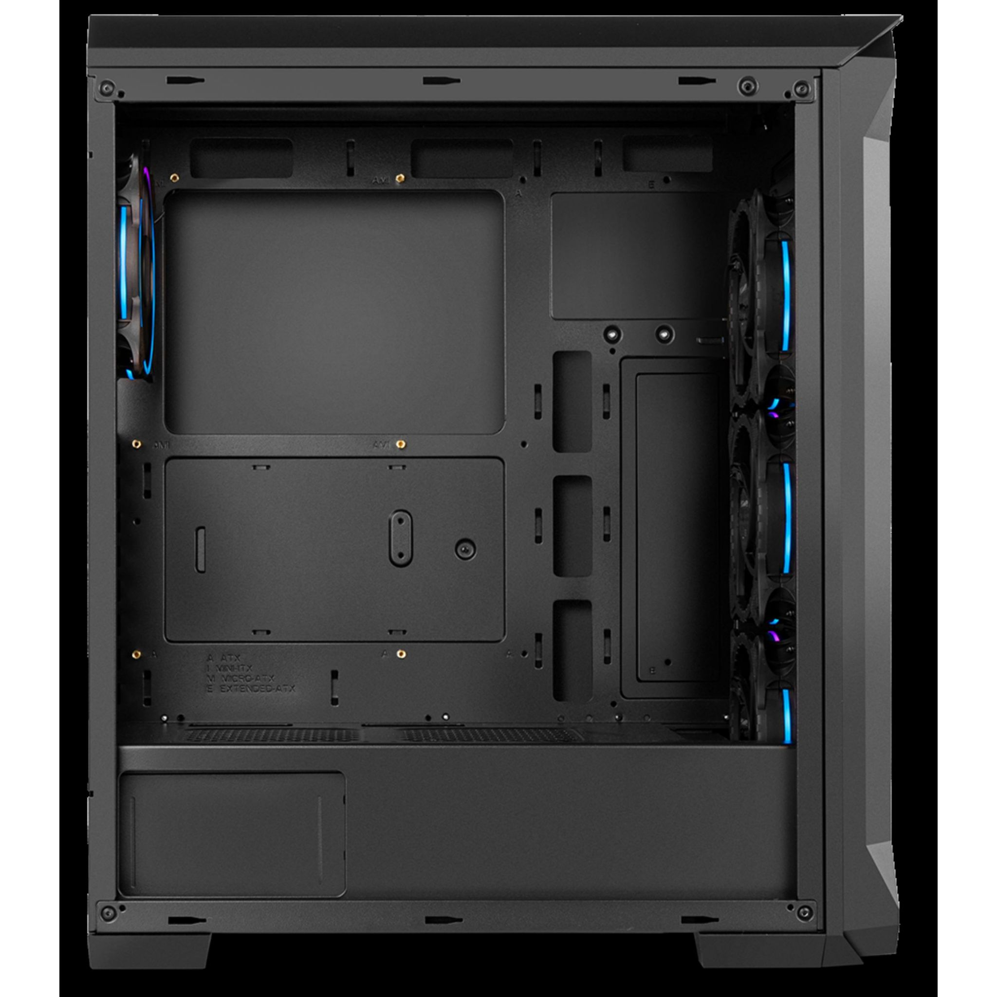 Interior de caja de ordenador negra con ventiladores y aberturas, sobre fondo blanco.