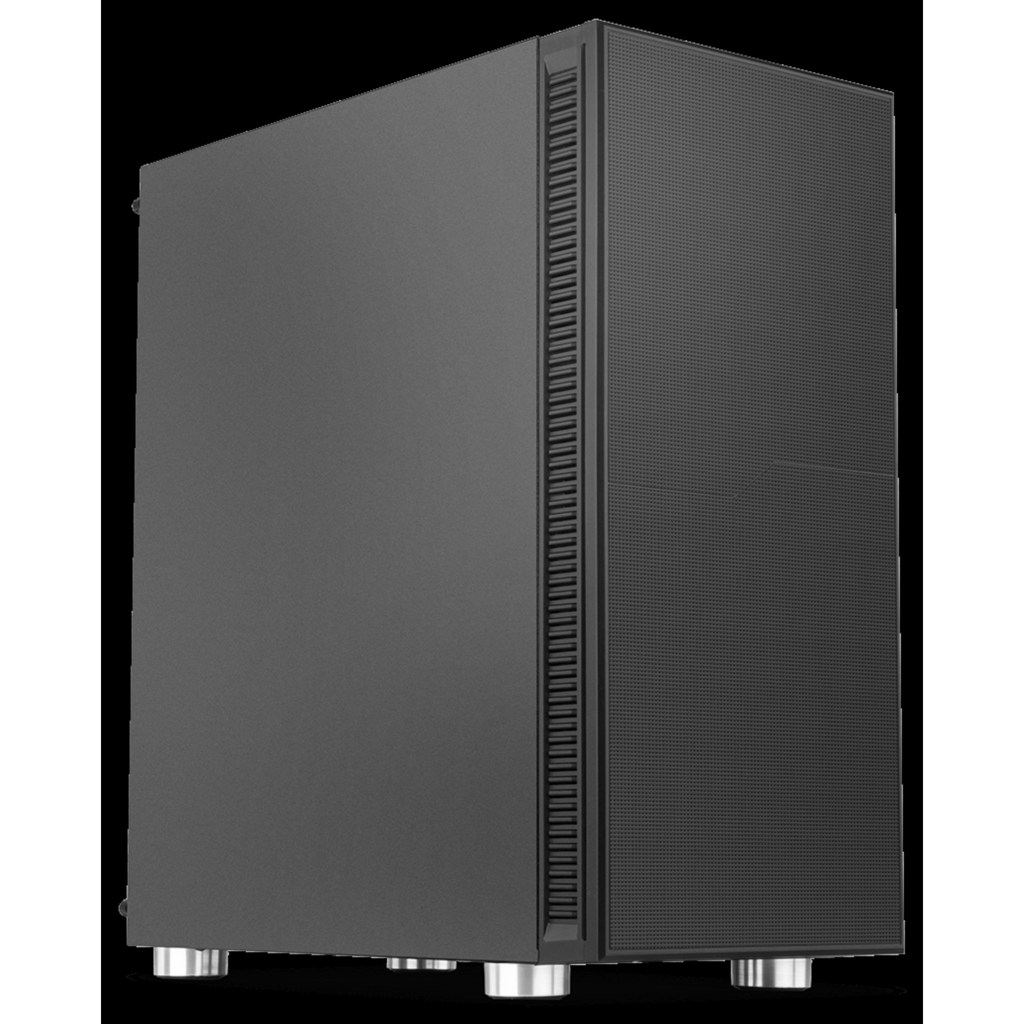 Czarna obudowa komputera z teksturowanym panelem przednim i srebrnymi nóżkami.