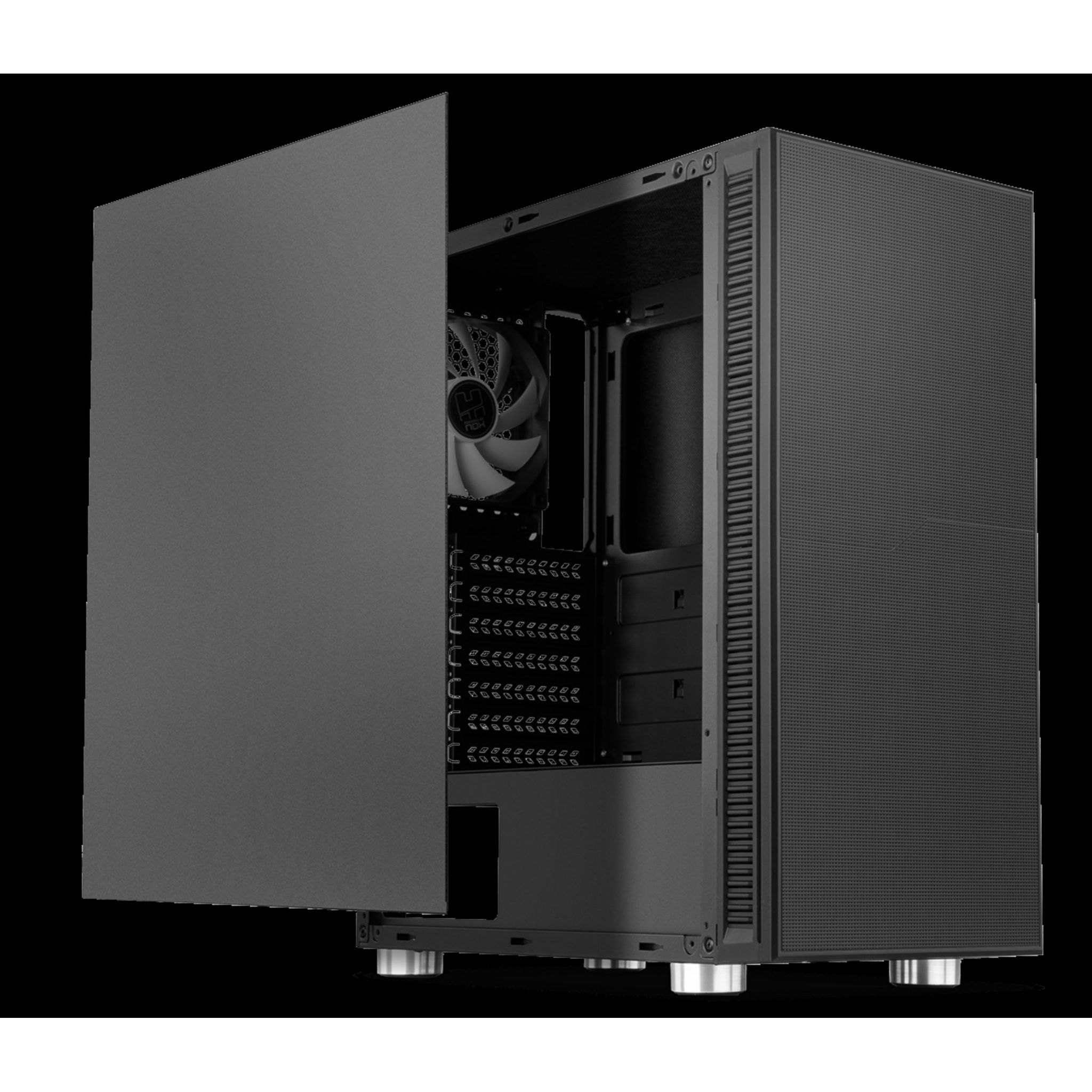 Czarna obudowa komputera z otwartym panelem bocznym. Widoczne komponenty i wentylator.