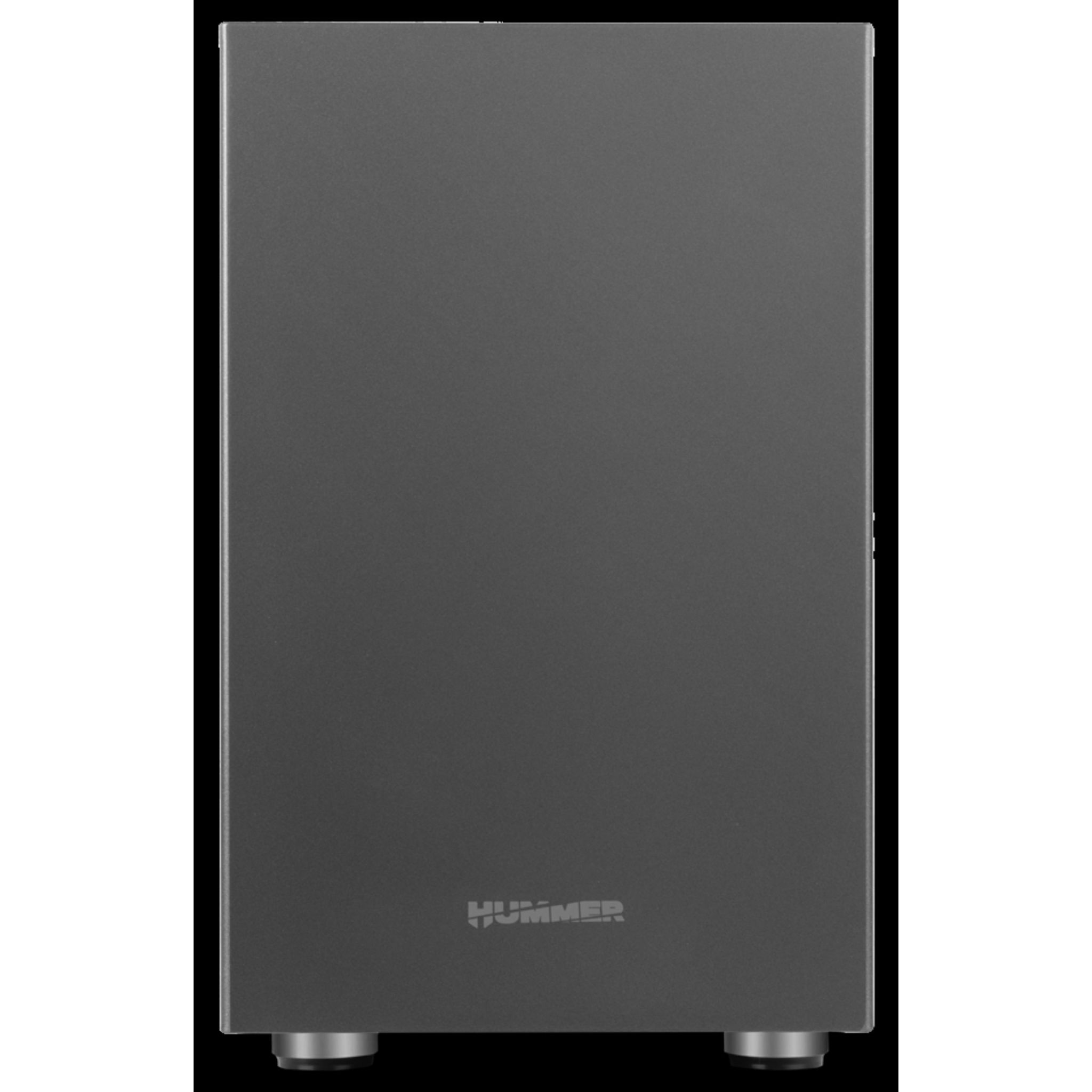 Ciemnoszary głośnik z logo „HUMMER” na dole, czarne tło.