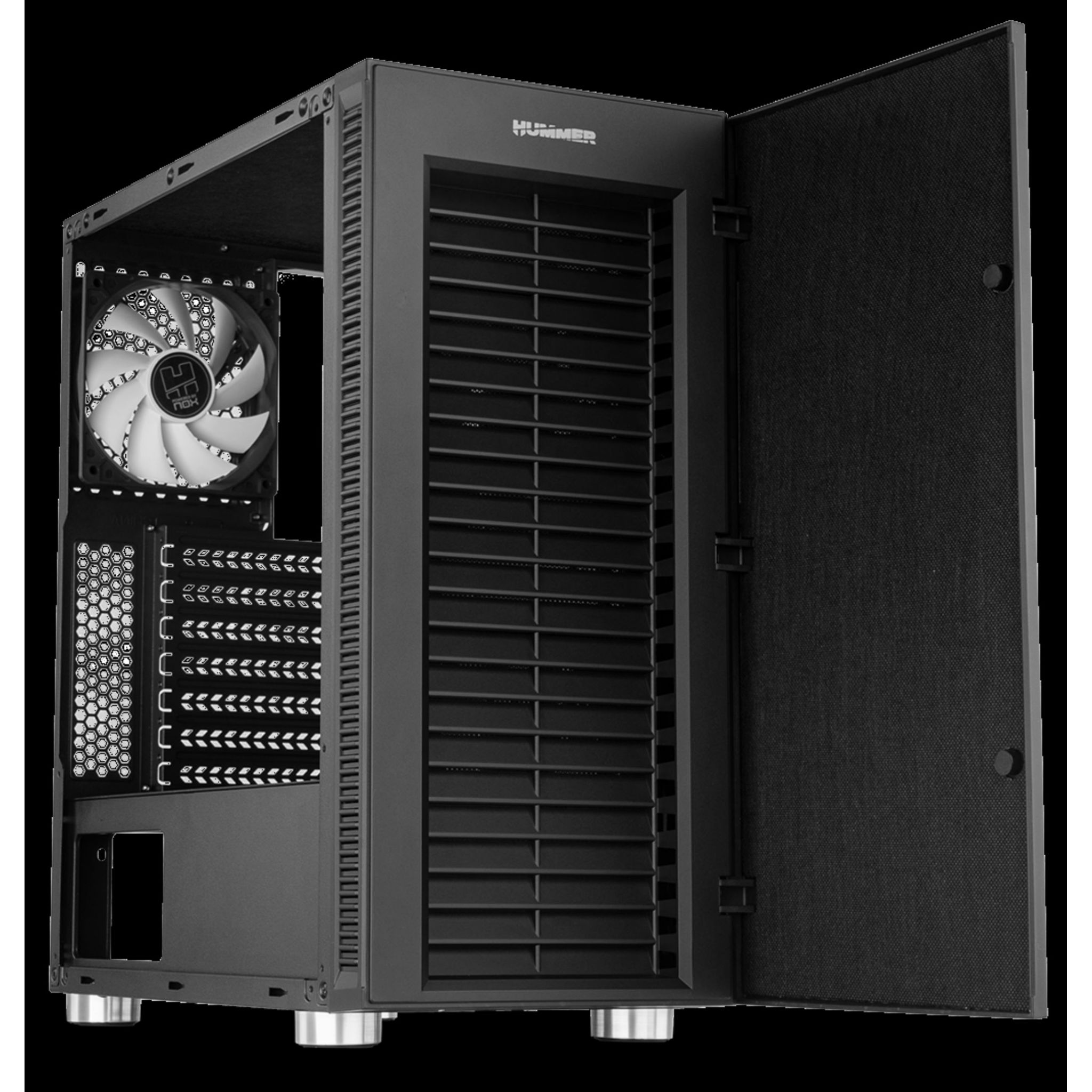 Czarna obudowa komputera z otwartymi drzwiami, wentylatorem i różnymi otworami.