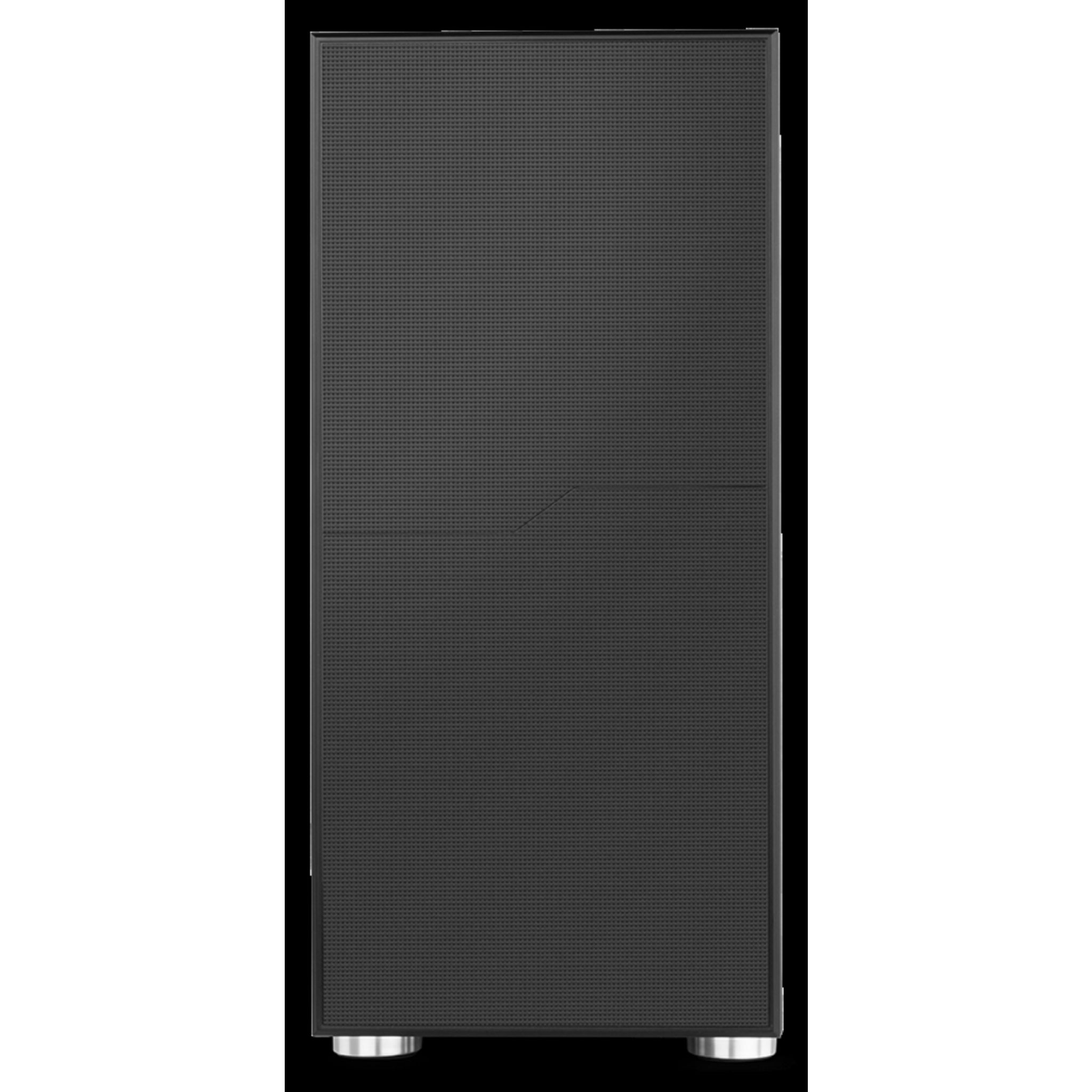 Czarna obudowa komputera z siatkowym panelem przednim i dwoma nóżkami. Izolowana.