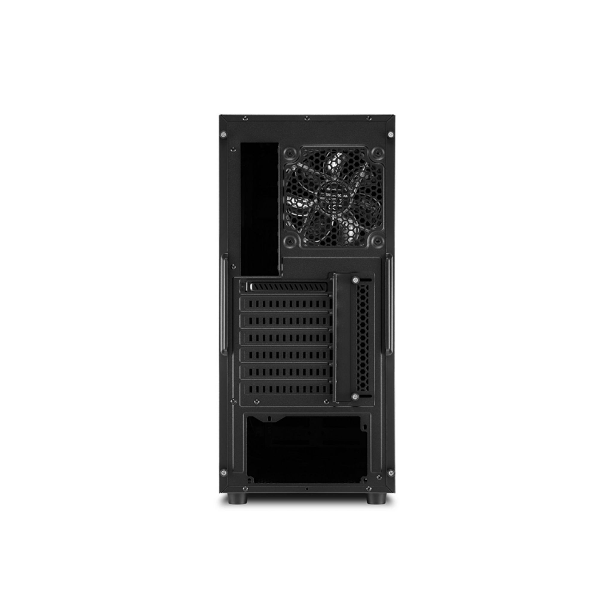 Retro del case nero con ventola, fori di ventilazione e slot, sfondo bianco.