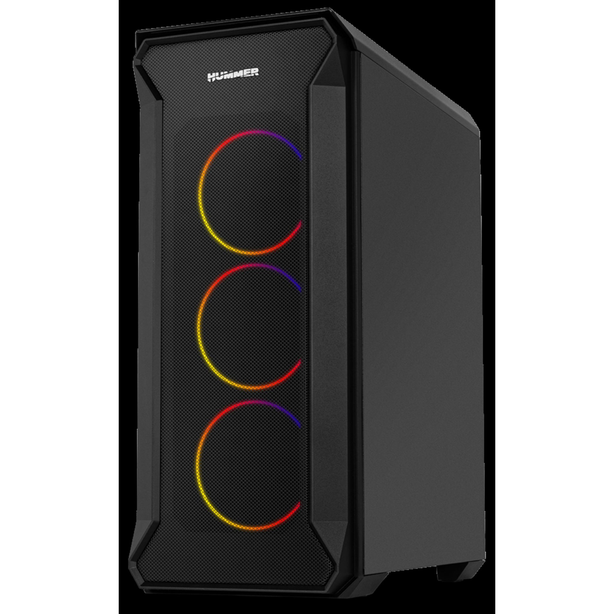 Una caja de computadora negra con tres anillos coloridos iluminados en el frente, fondo negro.