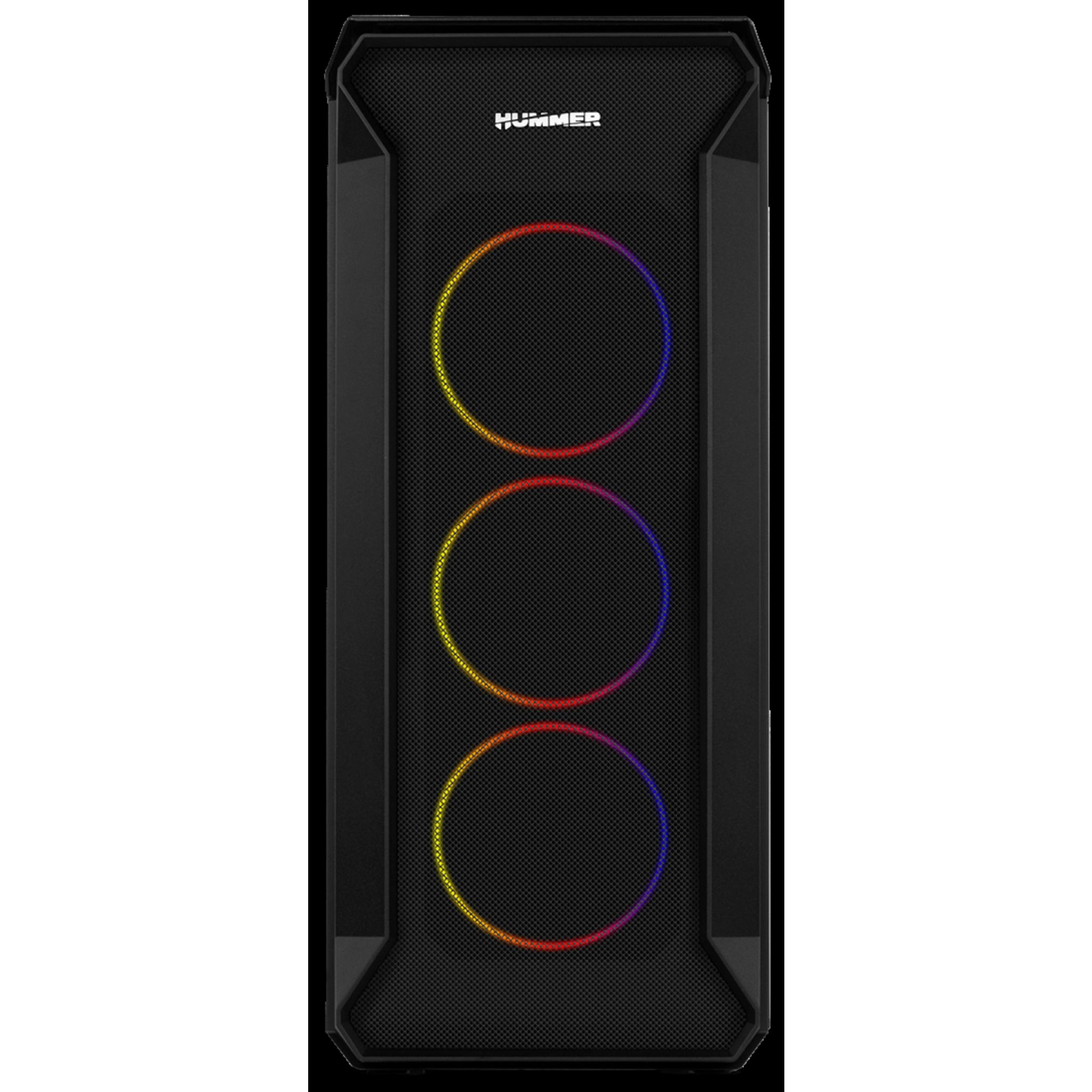 Parte frontal de una caja de ordenador negra con tres ventiladores coloridos iluminados y el logotipo 'HUMMER'.