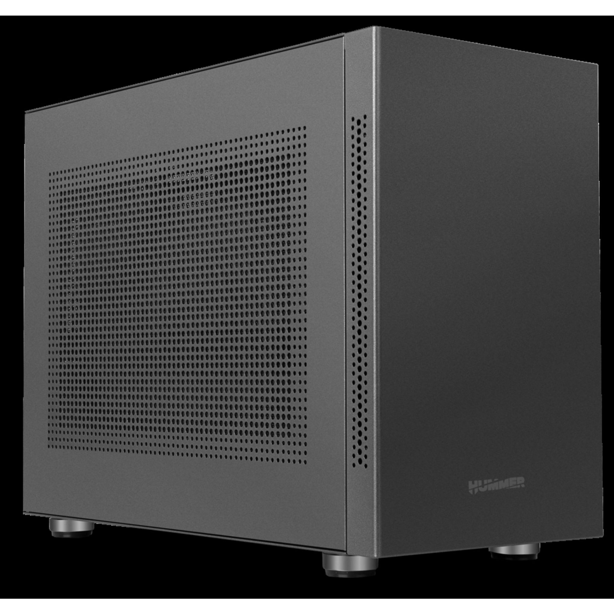 Ciemnoszara obudowa komputera, przód z wieloma małymi otworami, srebrne nóżki. Białe tło.