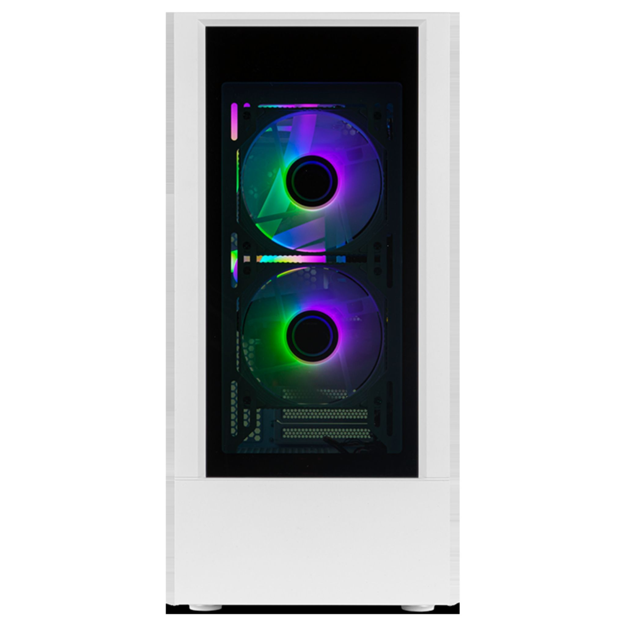 Biała obudowa komputera. Widok z przodu. Dwa wentylatory ze światłami RGB. Białe tło.