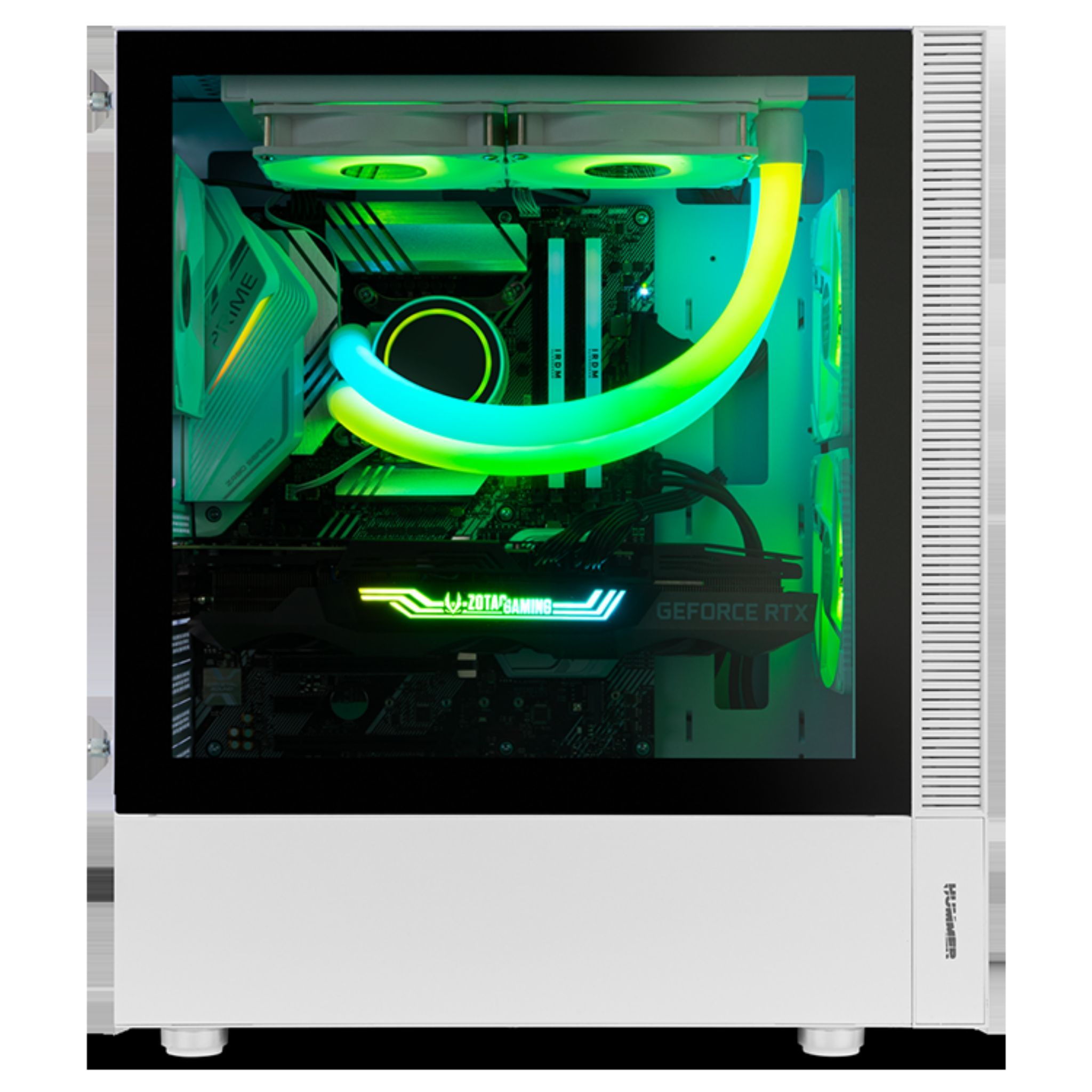 Wnętrze białej obudowy komputera. Widoczne podzespoły, takie jak karta graficzna, RAM i wentylatory.