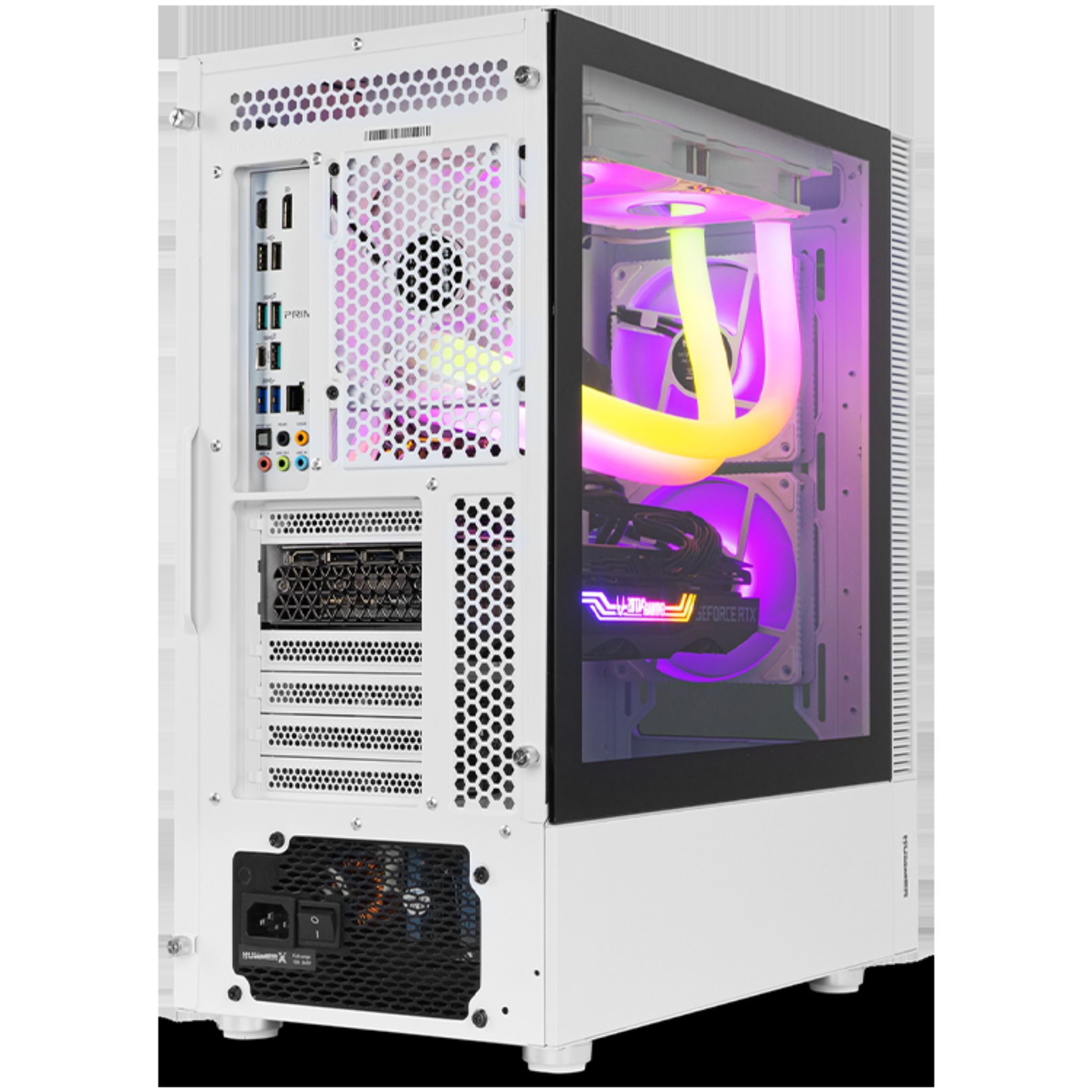 Biała obudowa komputera otwarta, widoczne komponenty. Szklany bok, światła wewnętrzne.