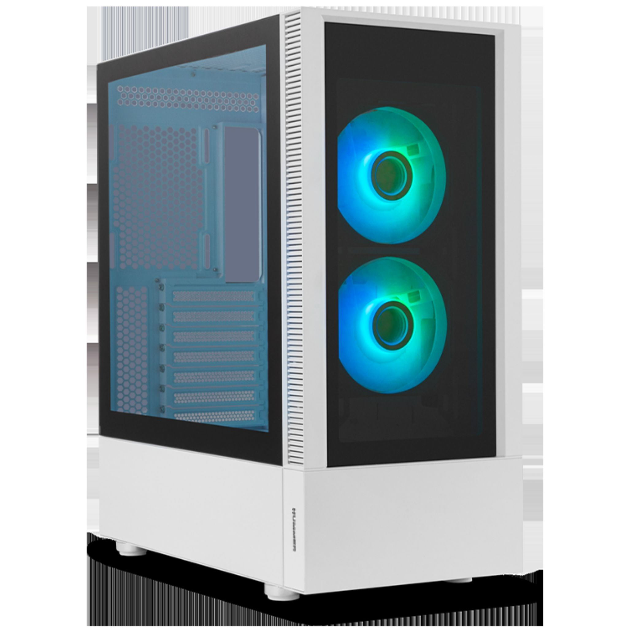 Biała obudowa komputera ze szklanym panelem bocznym, odsłaniającym podzespoły i wentylatory.