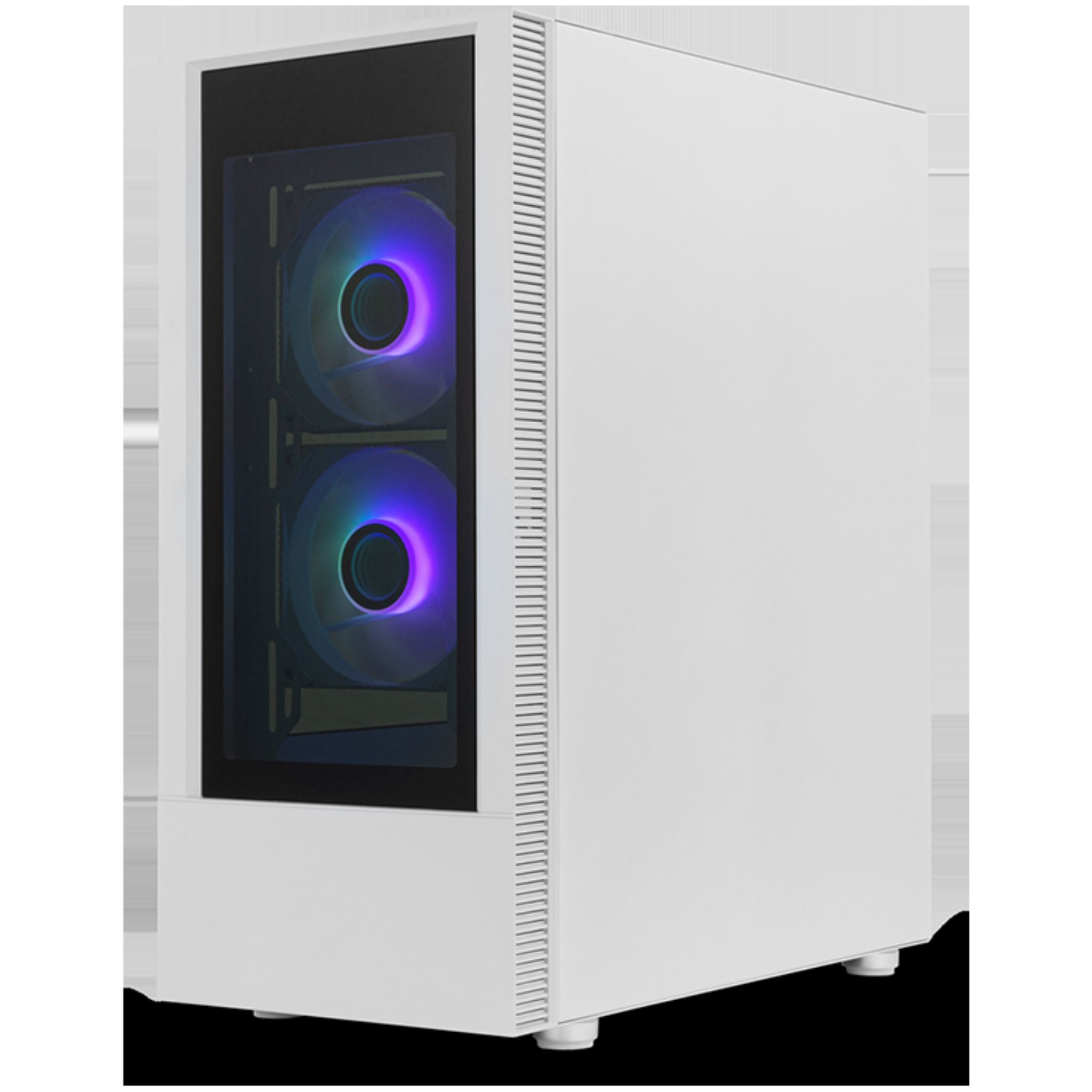 Biała obudowa komputera z szklanym panelem bocznym. Widoczne dwa wentylatory z kolorowymi światłami. Białe tło.