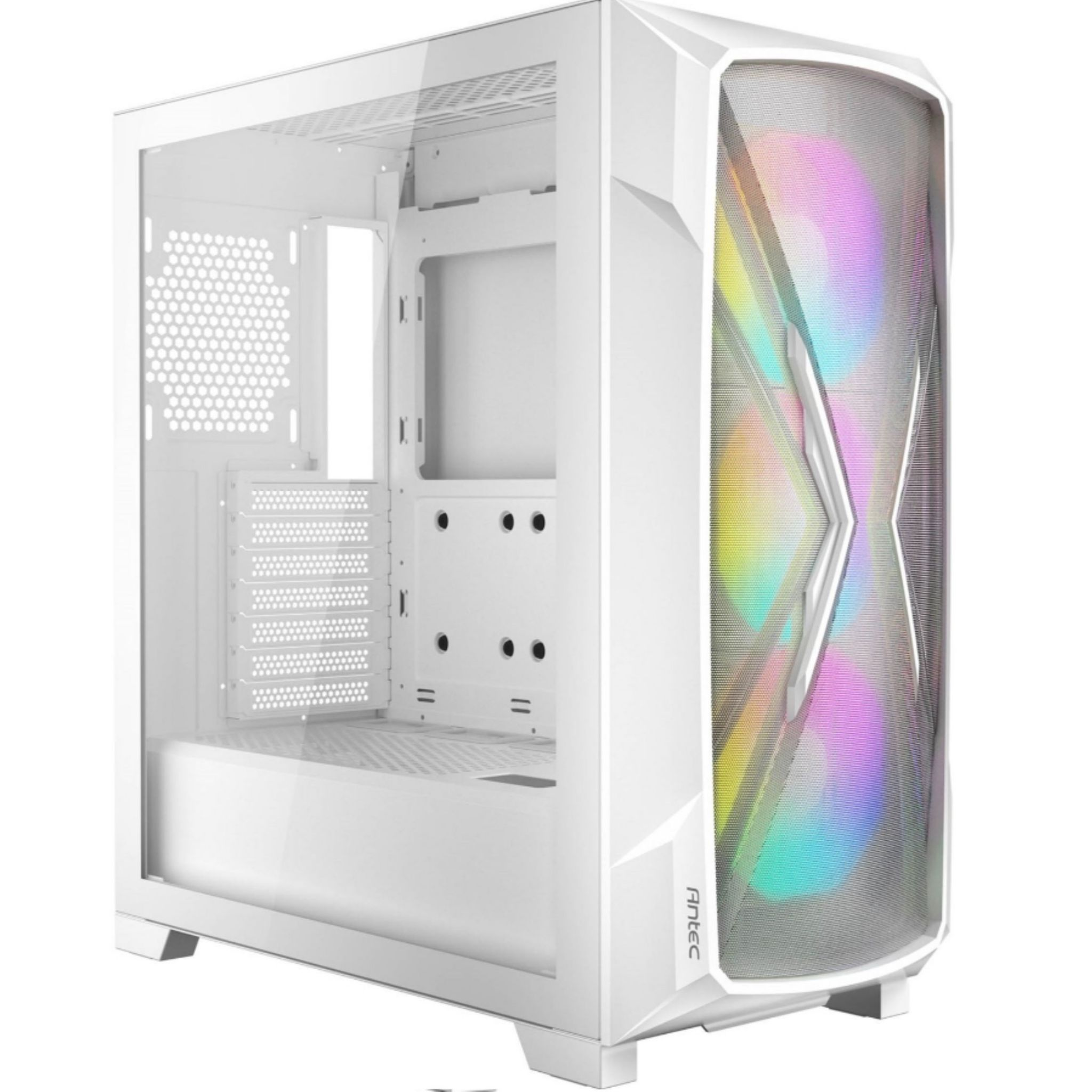Biała obudowa komputera z siatkowym przodem. Obudowa ma przezroczysty panel boczny. Lekko pochylona.