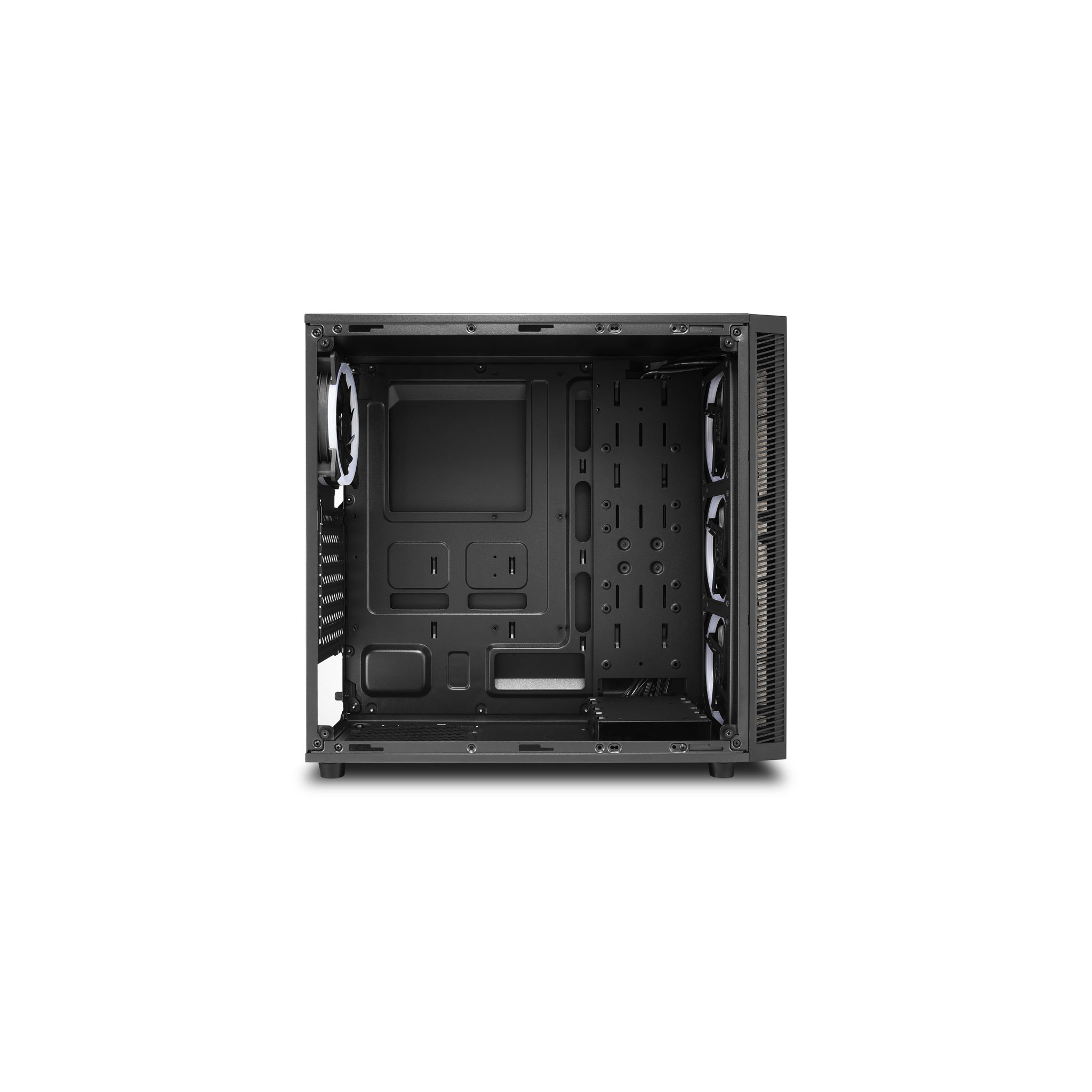 Interno di case per computer nero che mostra ventole e struttura, su sfondo bianco.