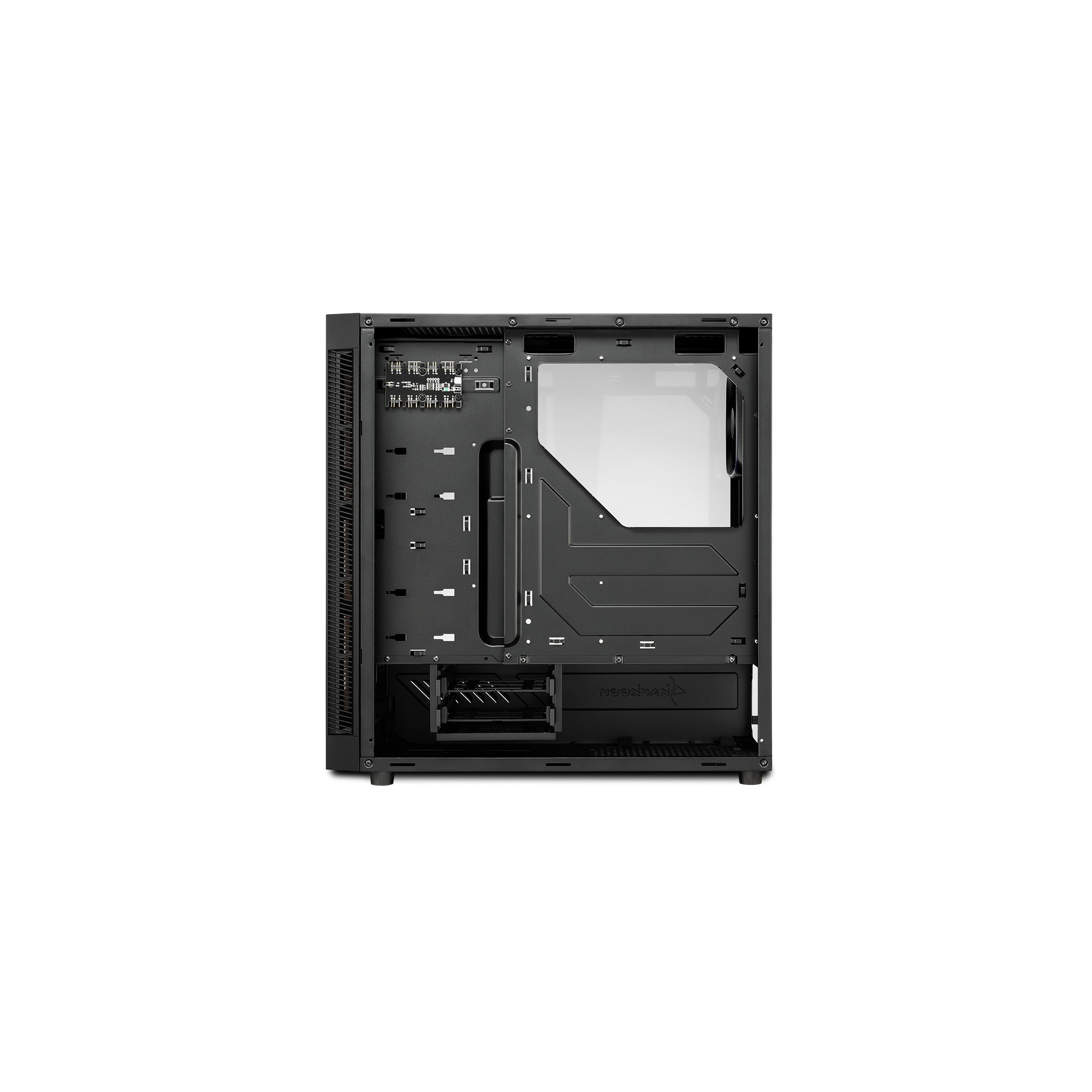 Interno di un case per computer nero, che mostra i punti di montaggio dei componenti, con un pannello laterale in vetro.