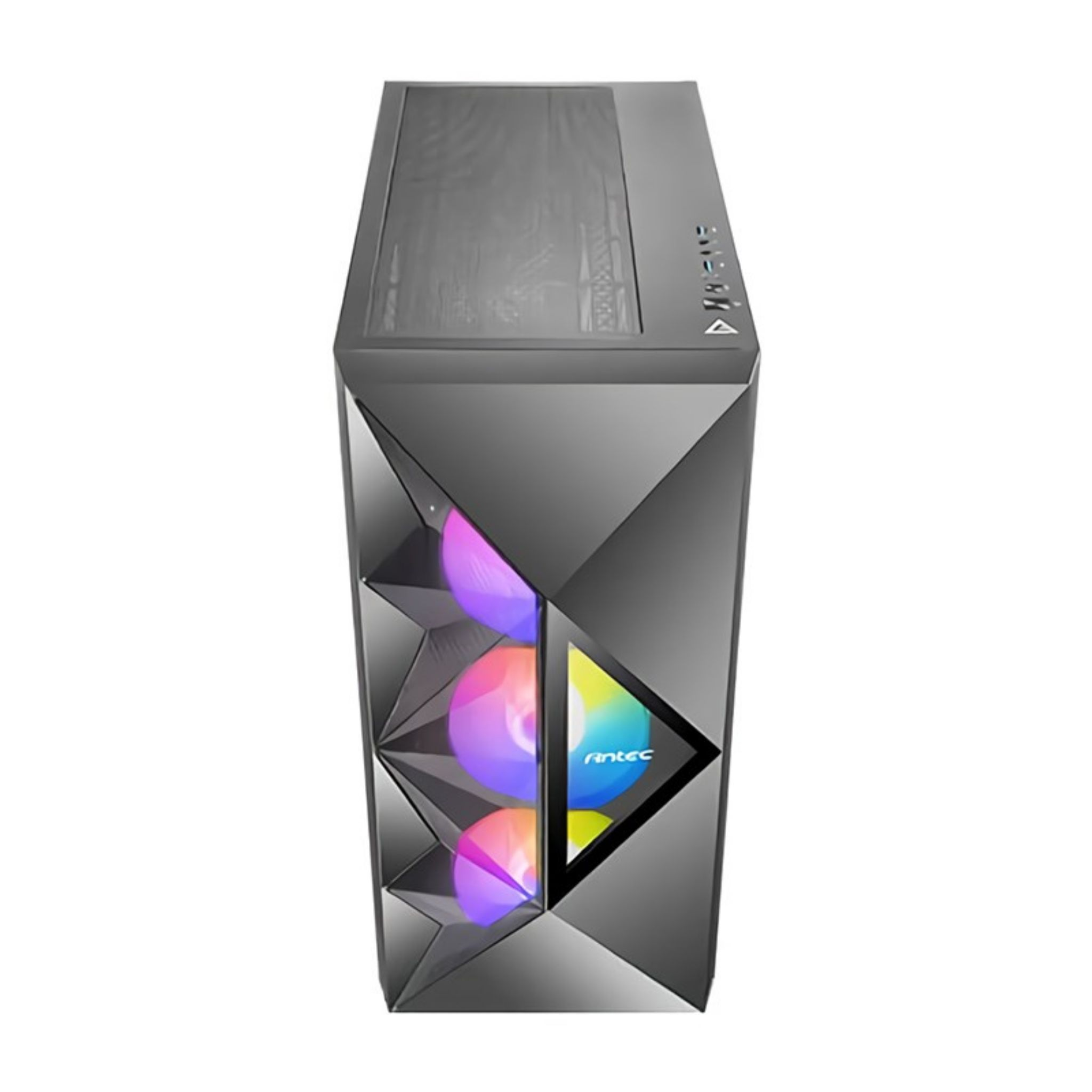 Czarna obudowa komputera o geometrycznym wzorze, kolorowe światła w środku i logo Antec.