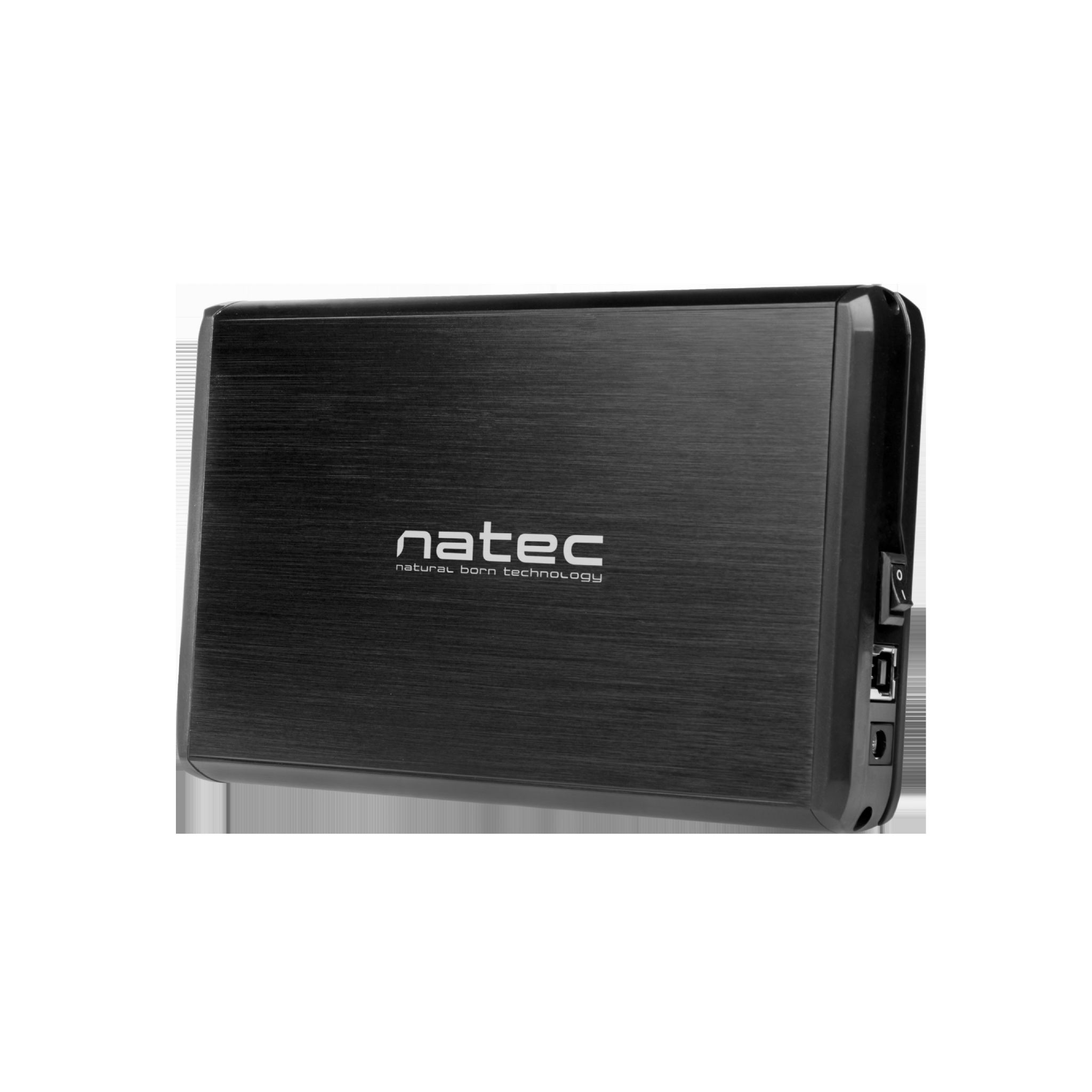 Disco duro externo negro con logo Natec y puertos.