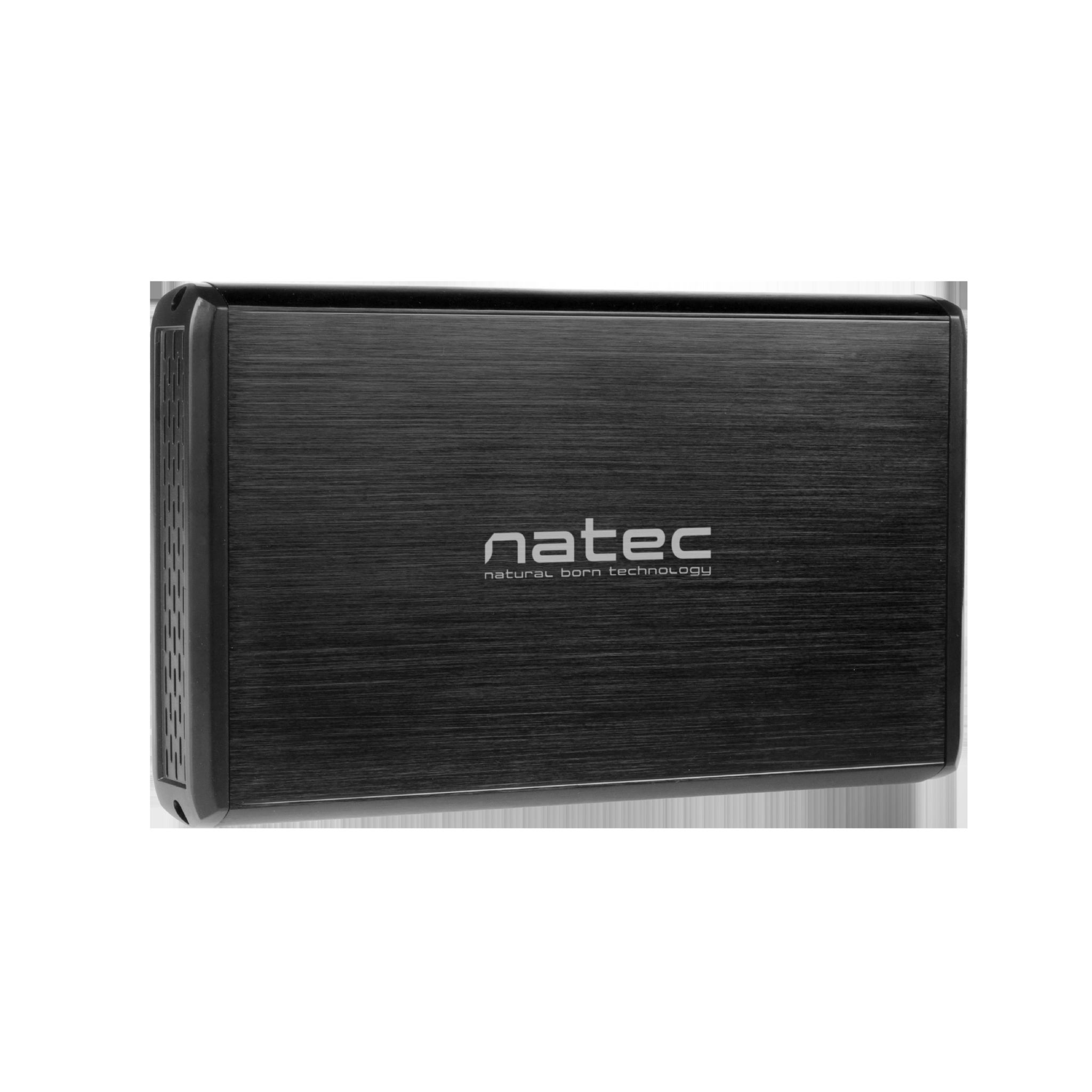 Disco duro externo negro con la marca 'natec'.