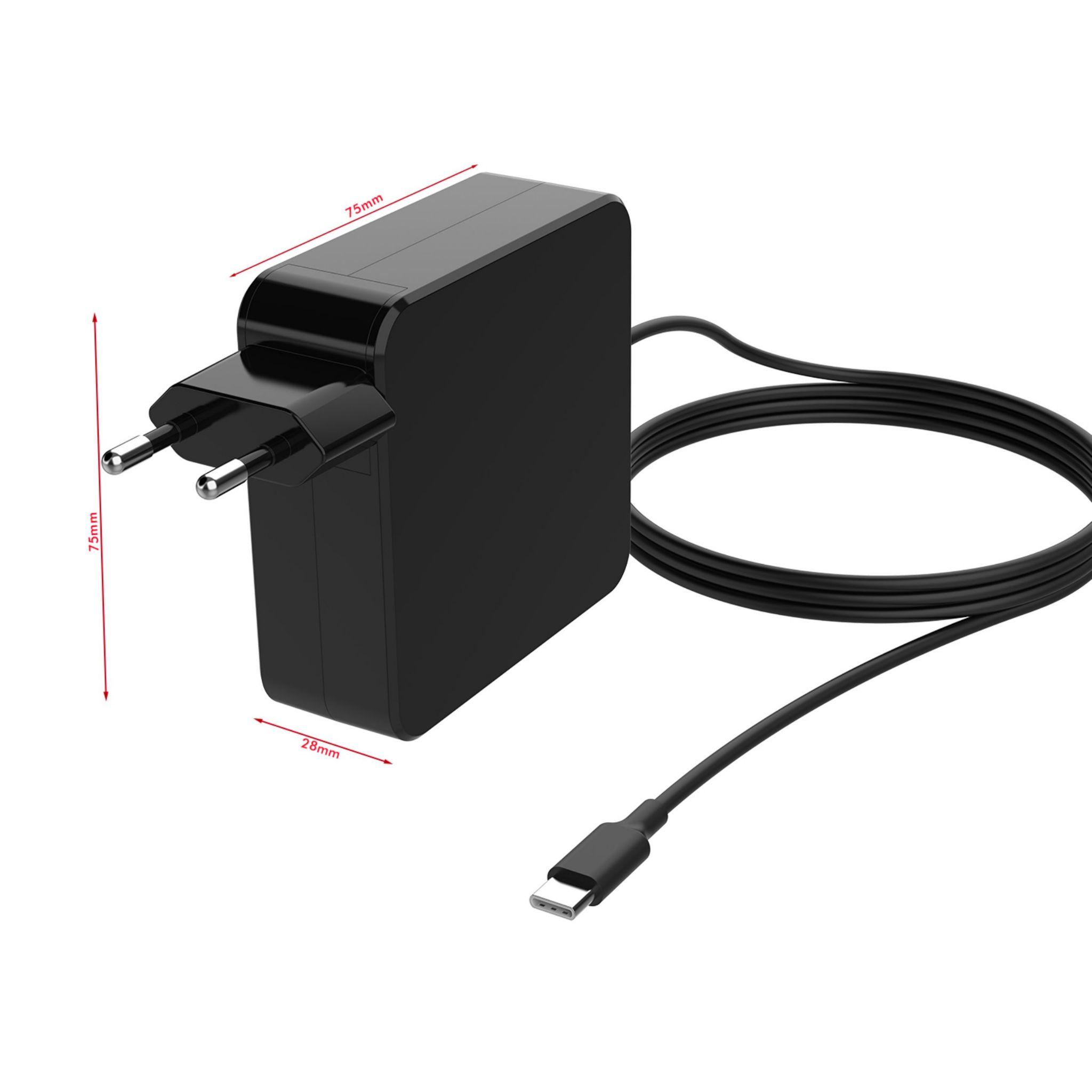 Cargador de portátil negro con enchufe, dimensiones mostradas. Cable USB-C adjunto.